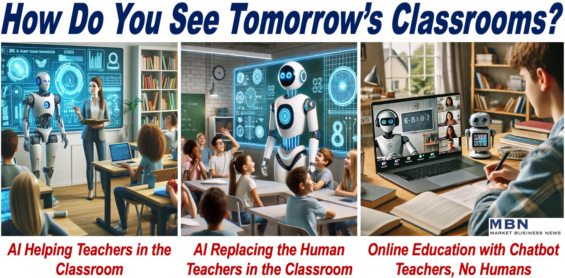 Images of AI in education with teachers plus robots, or just robots with no humans.