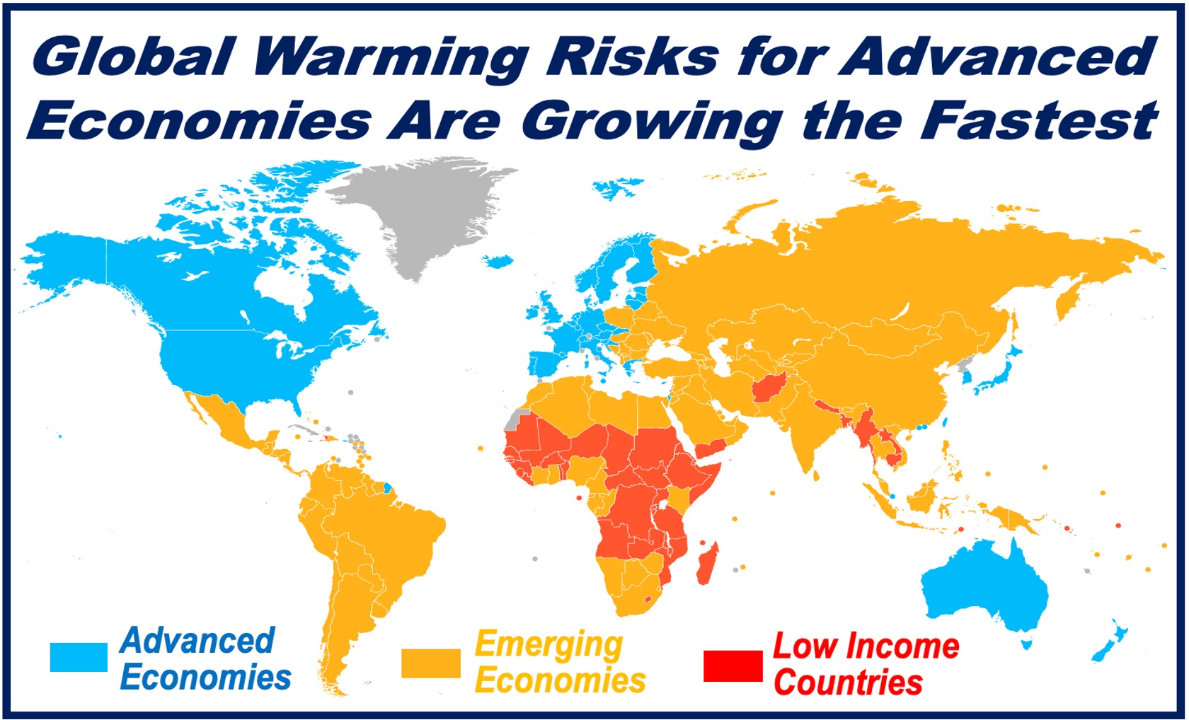 Map of the world showing advanced, emerging, and low income economies - article about global warming.