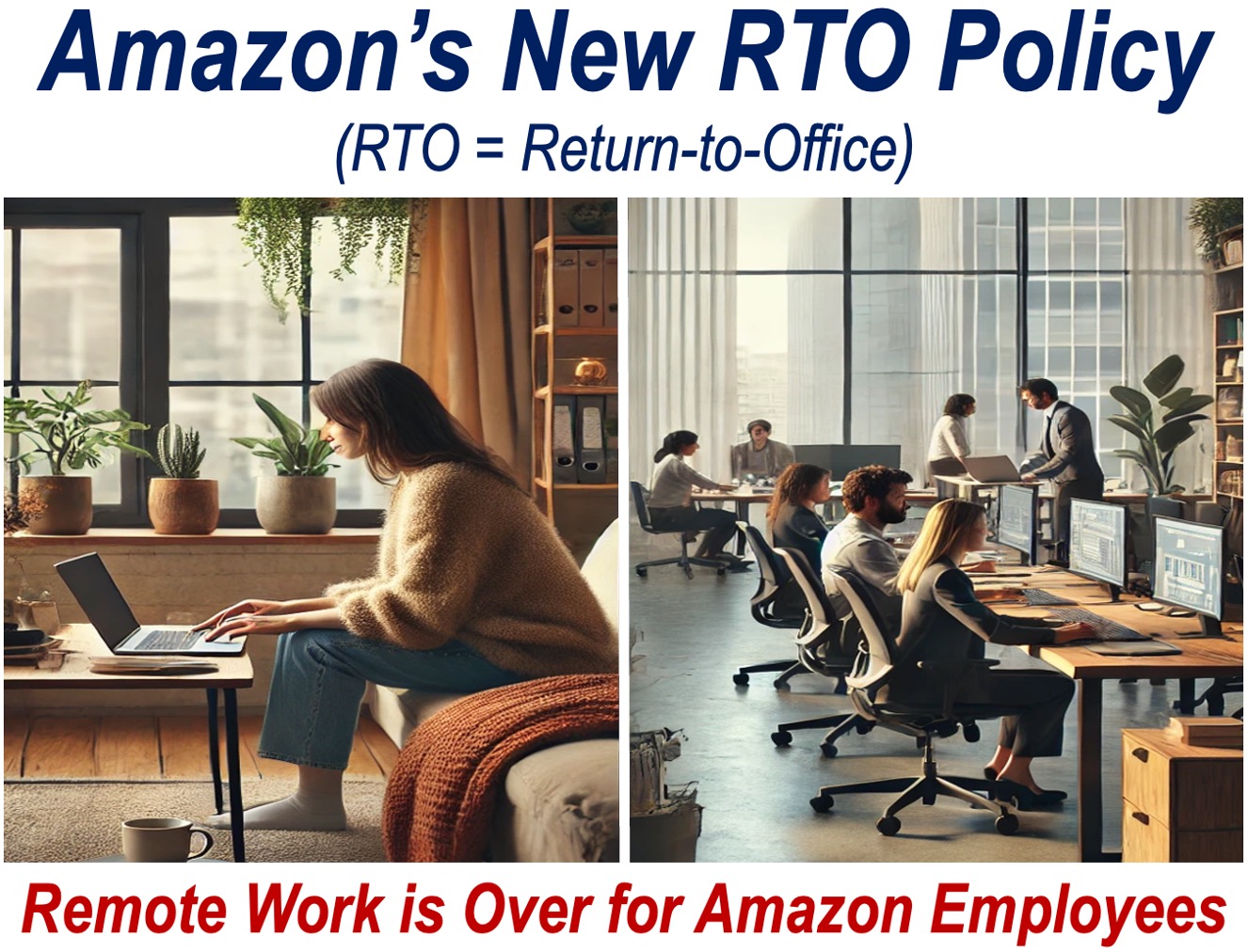 One person is working from home and a group of people are working in the office - Amazon's return-to-office policy.