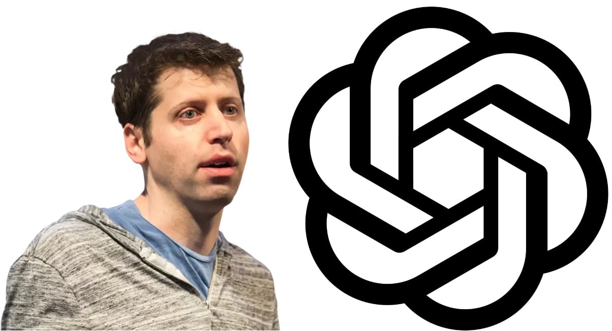 OpenAI logo and photo of Sam Altman