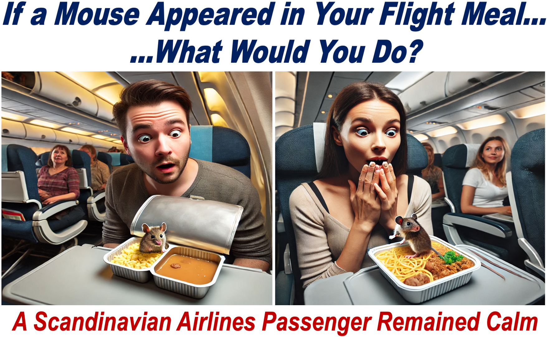 Two images of surprised passengers seeing a mouse in their flight meal.