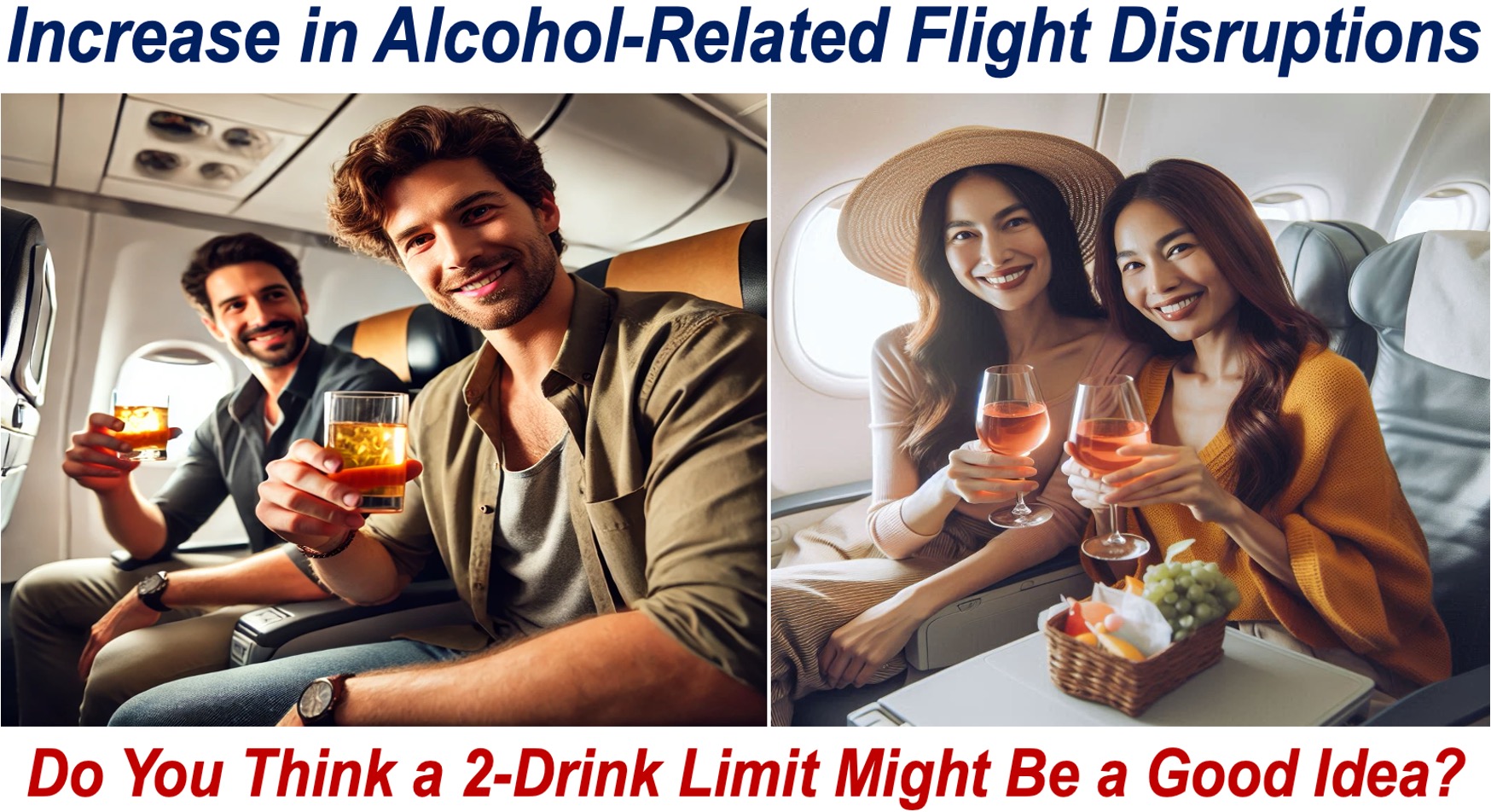 Two men and two women enjoying an alcoholic drink on a plane.