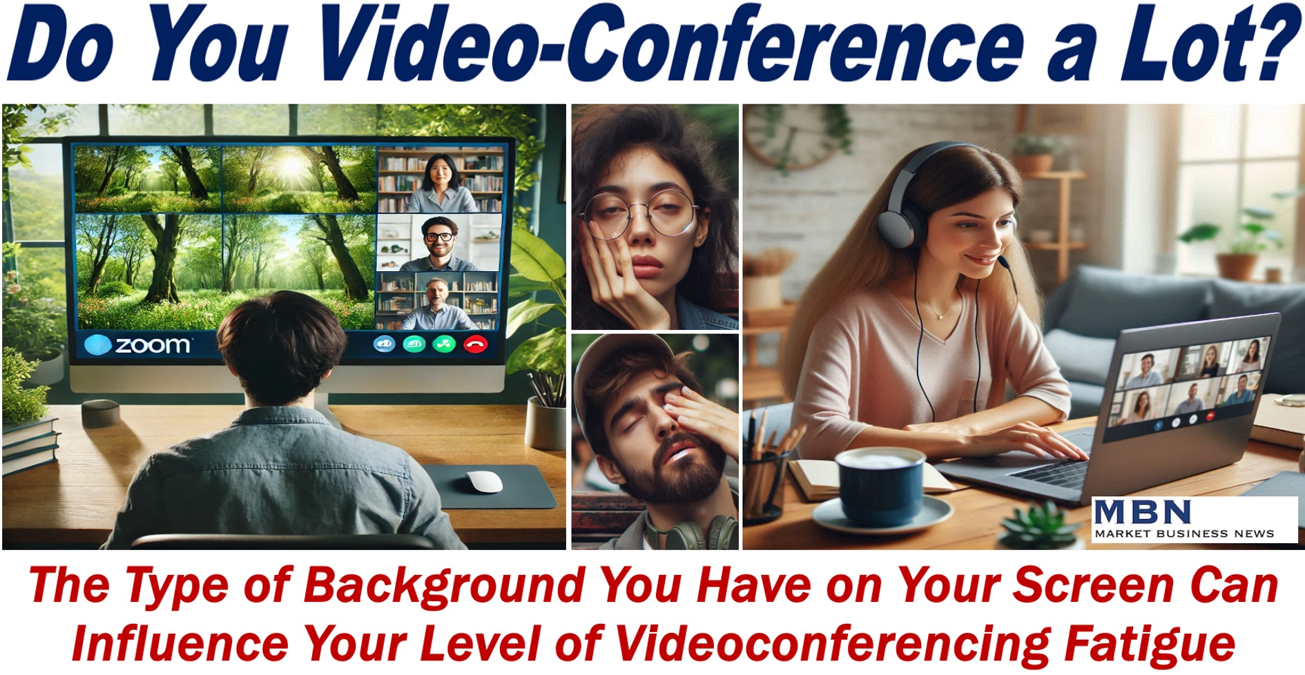 Two people Video-Conferencing and 2 People with Videoconferencing Fatigue.