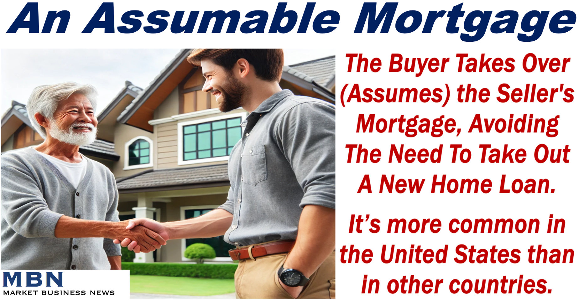 A house seller shaking hand with the buyer and a written definition of the term assumable mortgage.