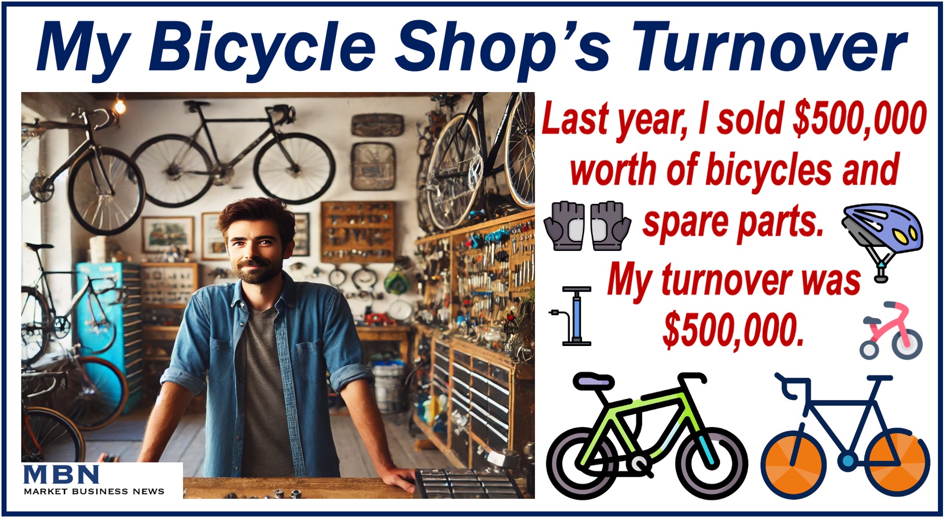 A man in his bicycle shop talking about his business' turnover.