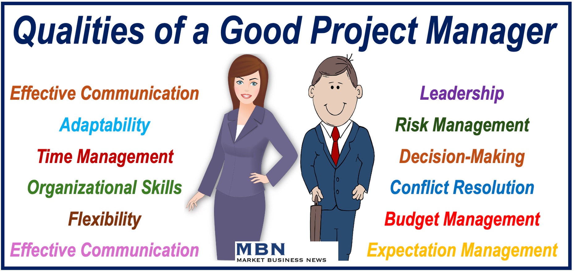 A male and female project manager plus the qualities and skills they should have