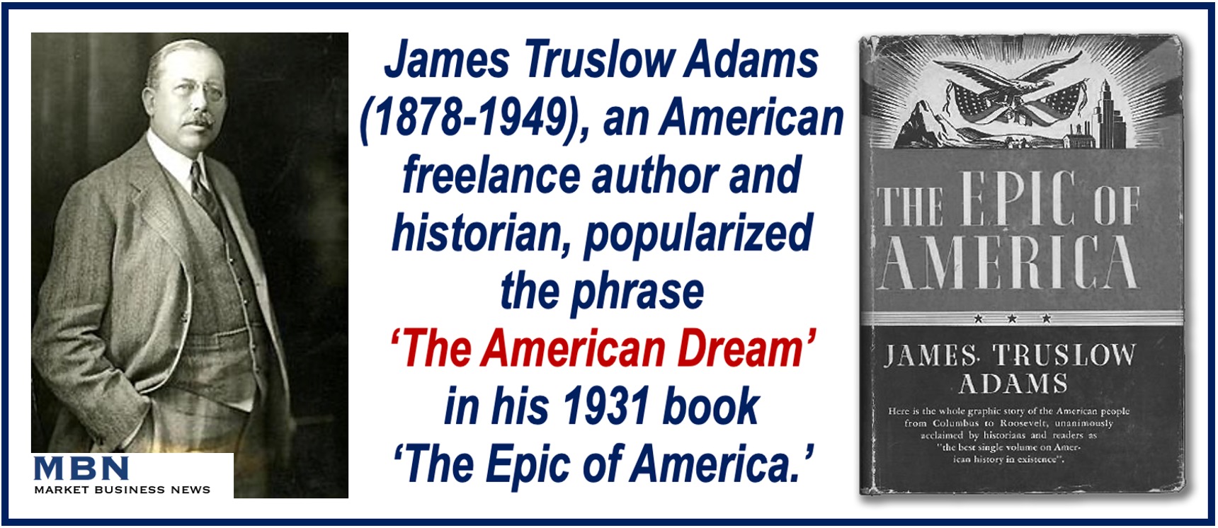 Photo of James Truslow Adams, his book, and explanation of how the term The American Dream was popularized