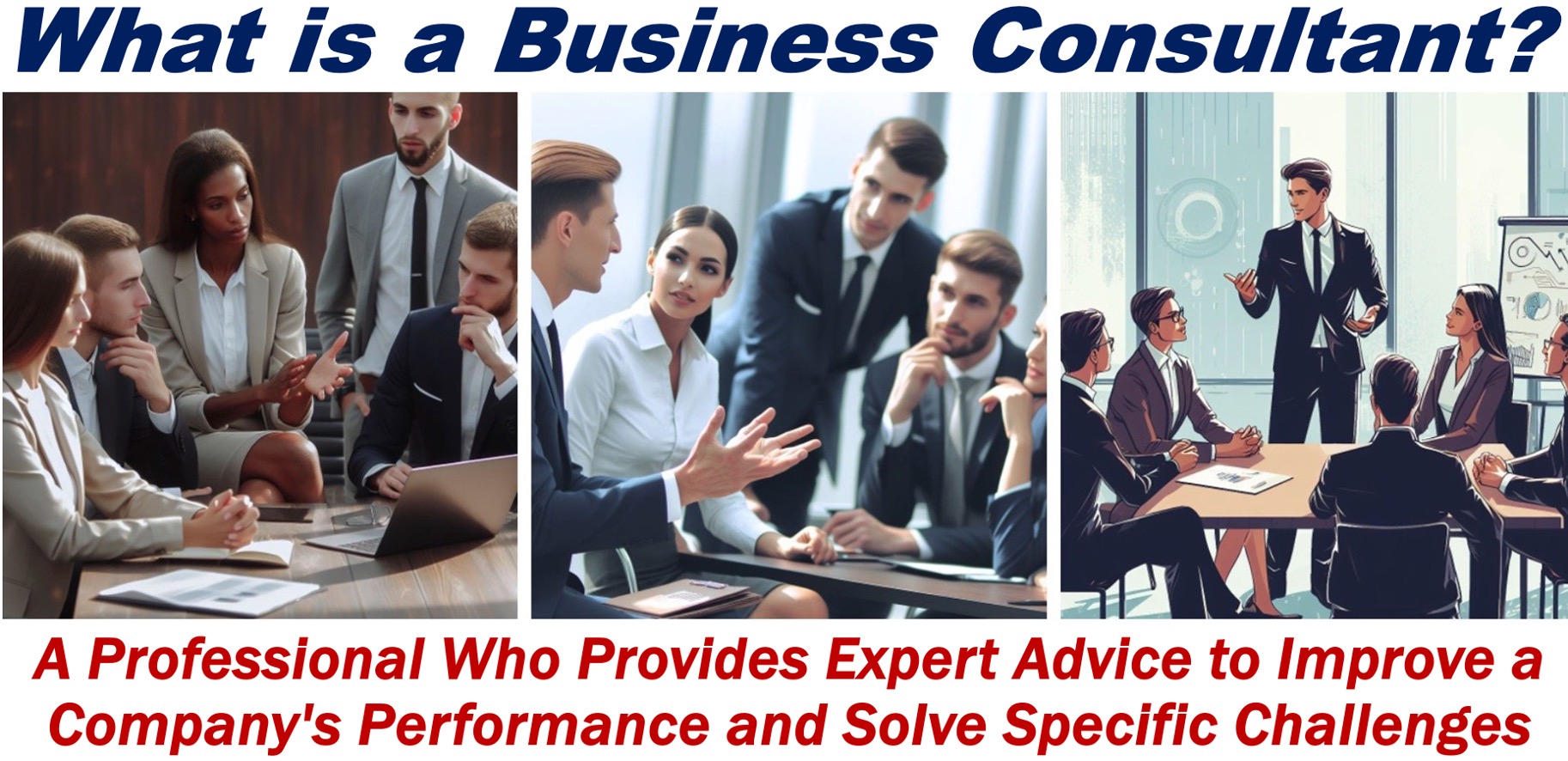 Three images of executives listening to a business consultant and talking.