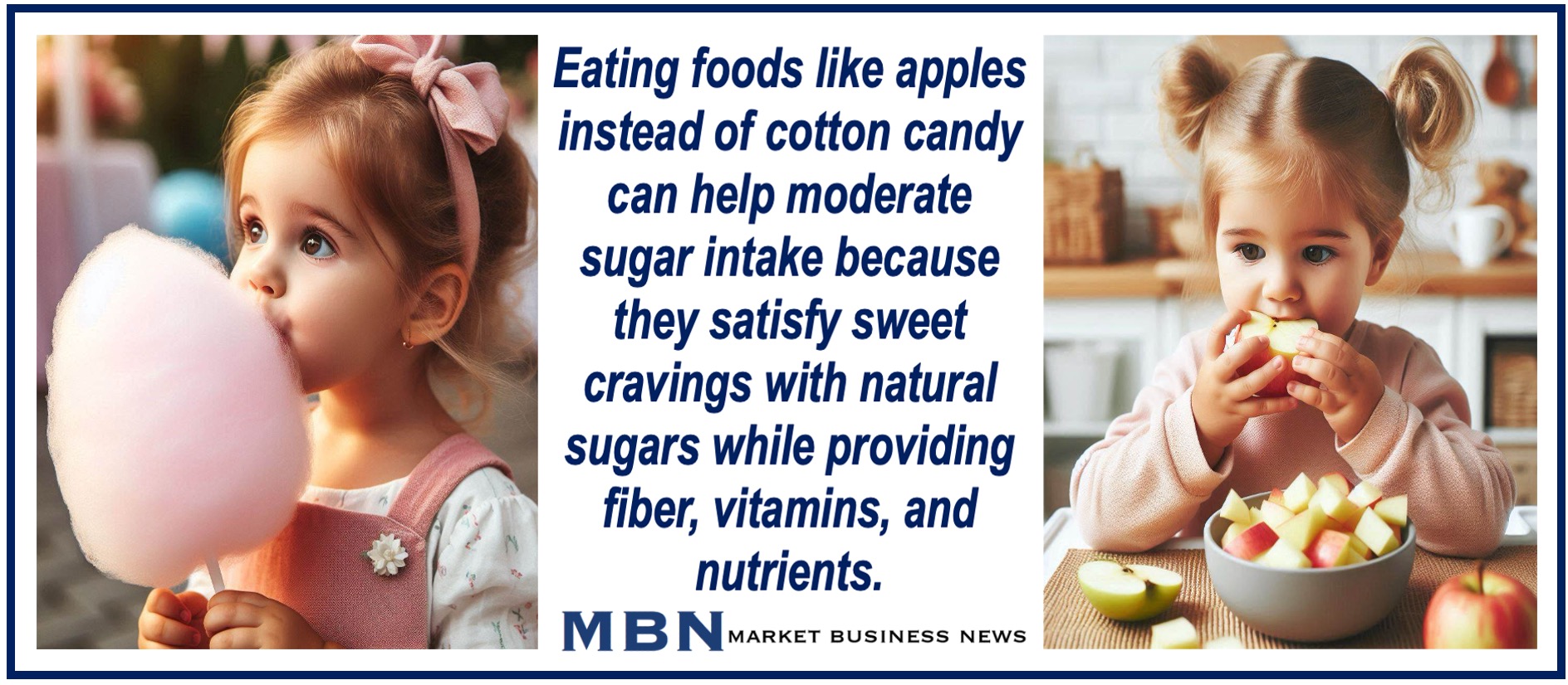 A toddler eating cotton candy and the same girl eating a chopped up apple.