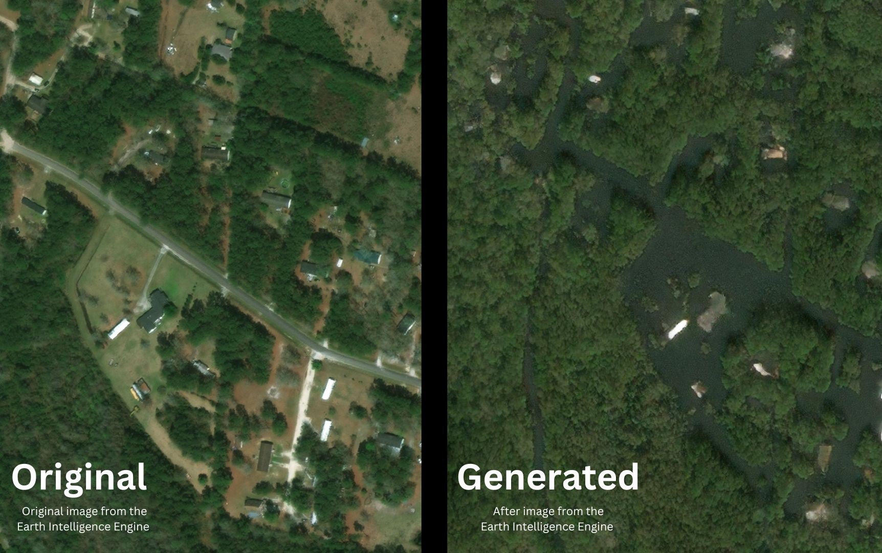 Comparison of original satellite imagery (left) and generated flood scenario (right) created using the Earth Intelligence Engine, a project by MIT researchers aimed at improving flood risk visualization