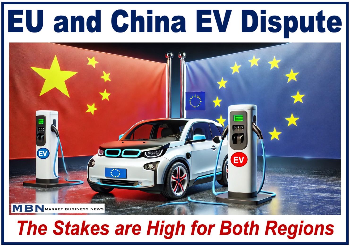 Flags of the EU and China and an EV, plus comments about their trade dispute.