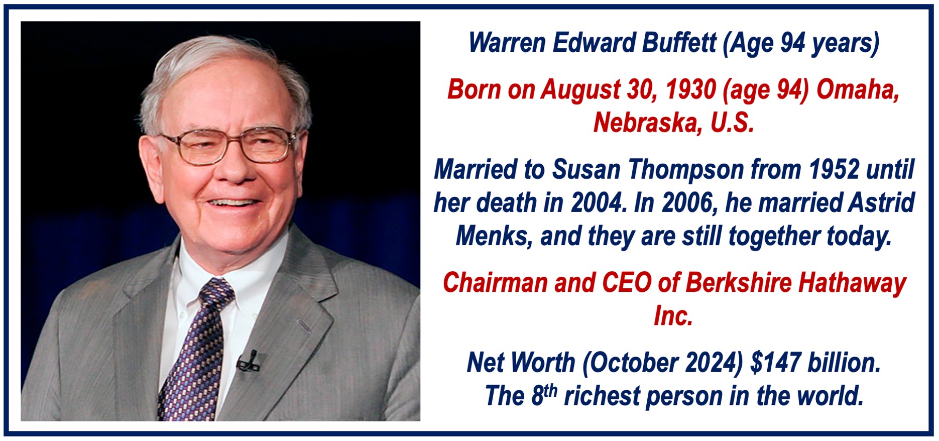 Image and bio of Warren Buffett.