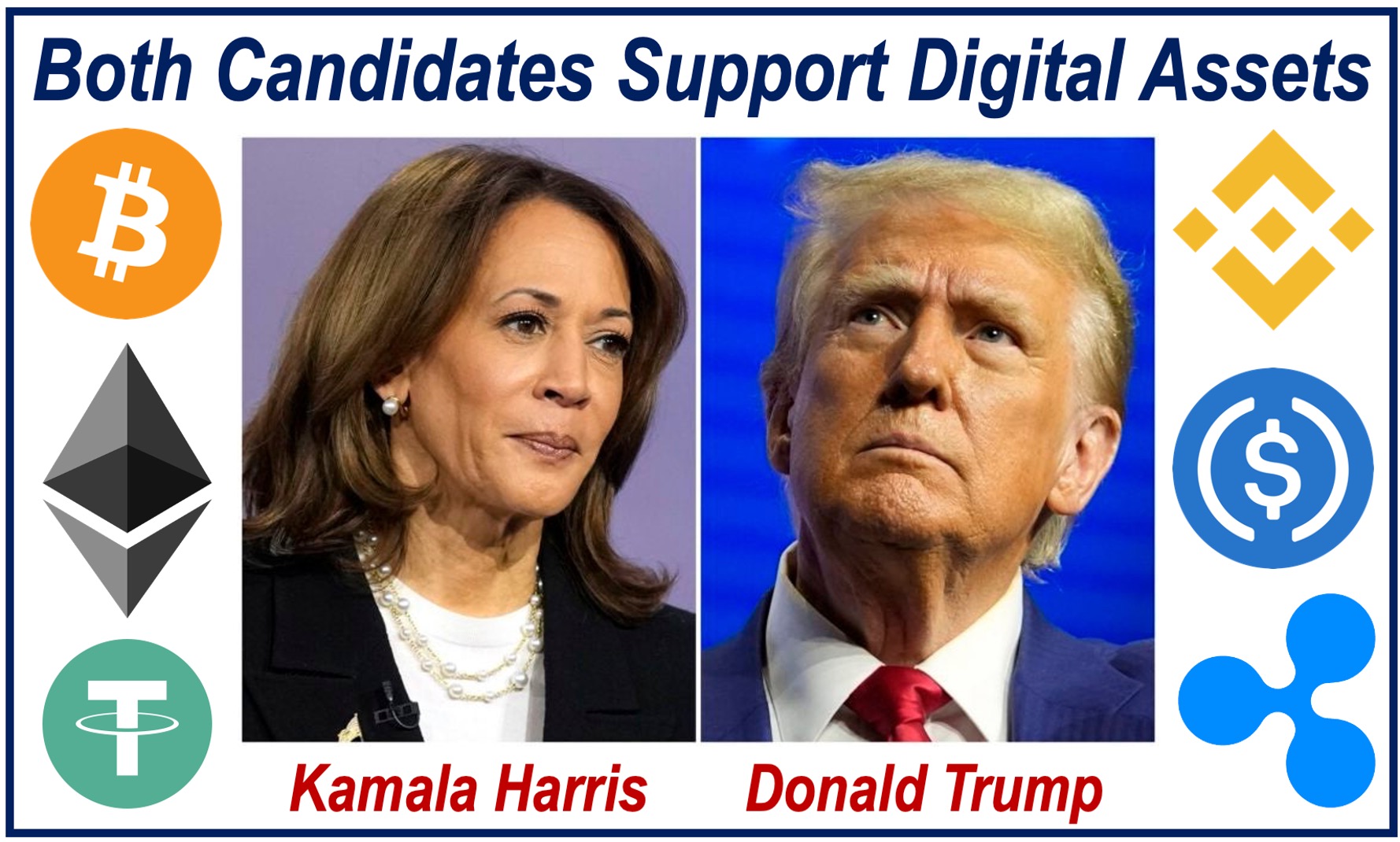 Image of Kamala Harris and Donals Trump surrounded by cryptocurrencies.