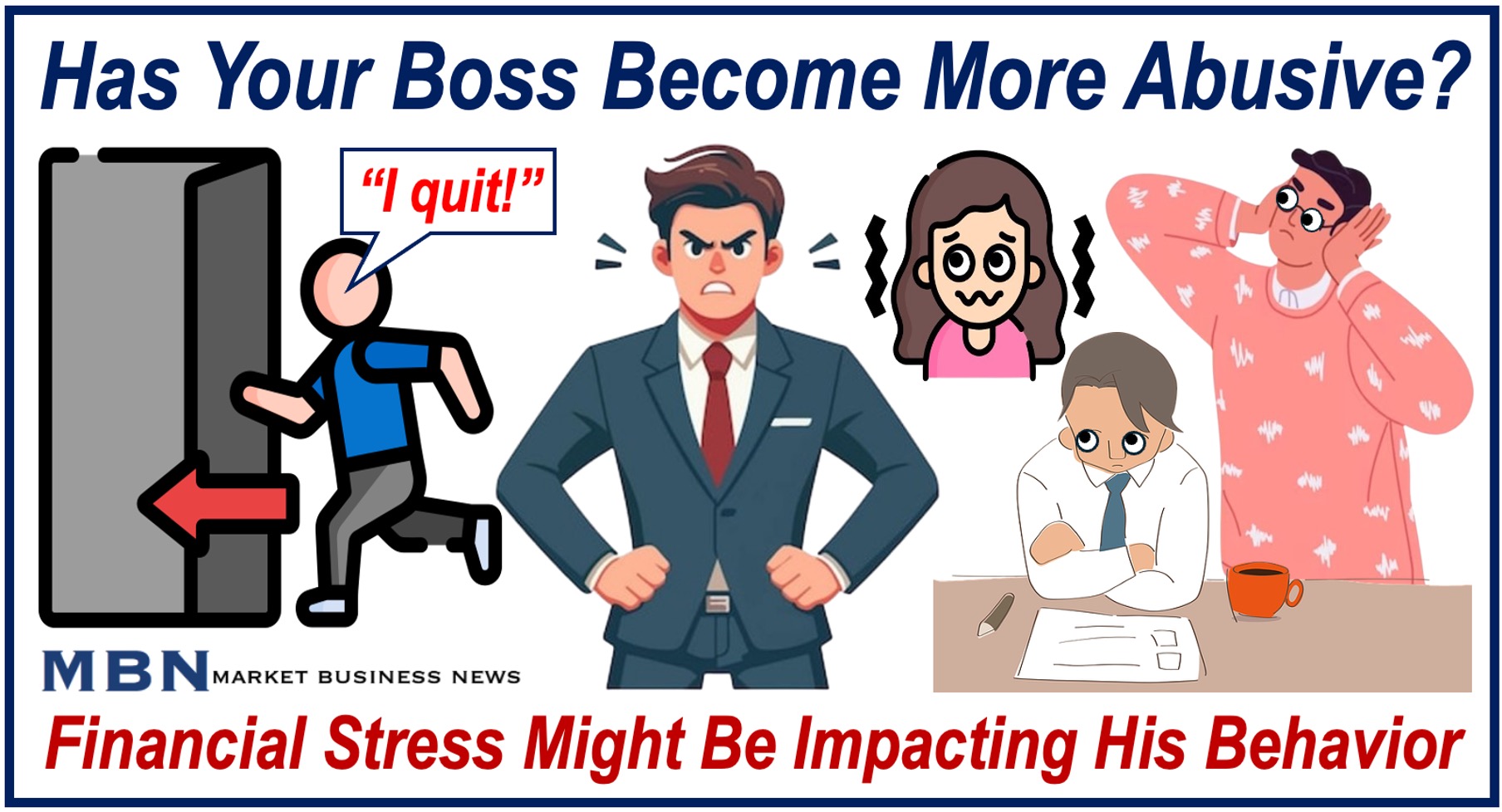 Image of angry boss and anxious subordinates, one of them is quitting.