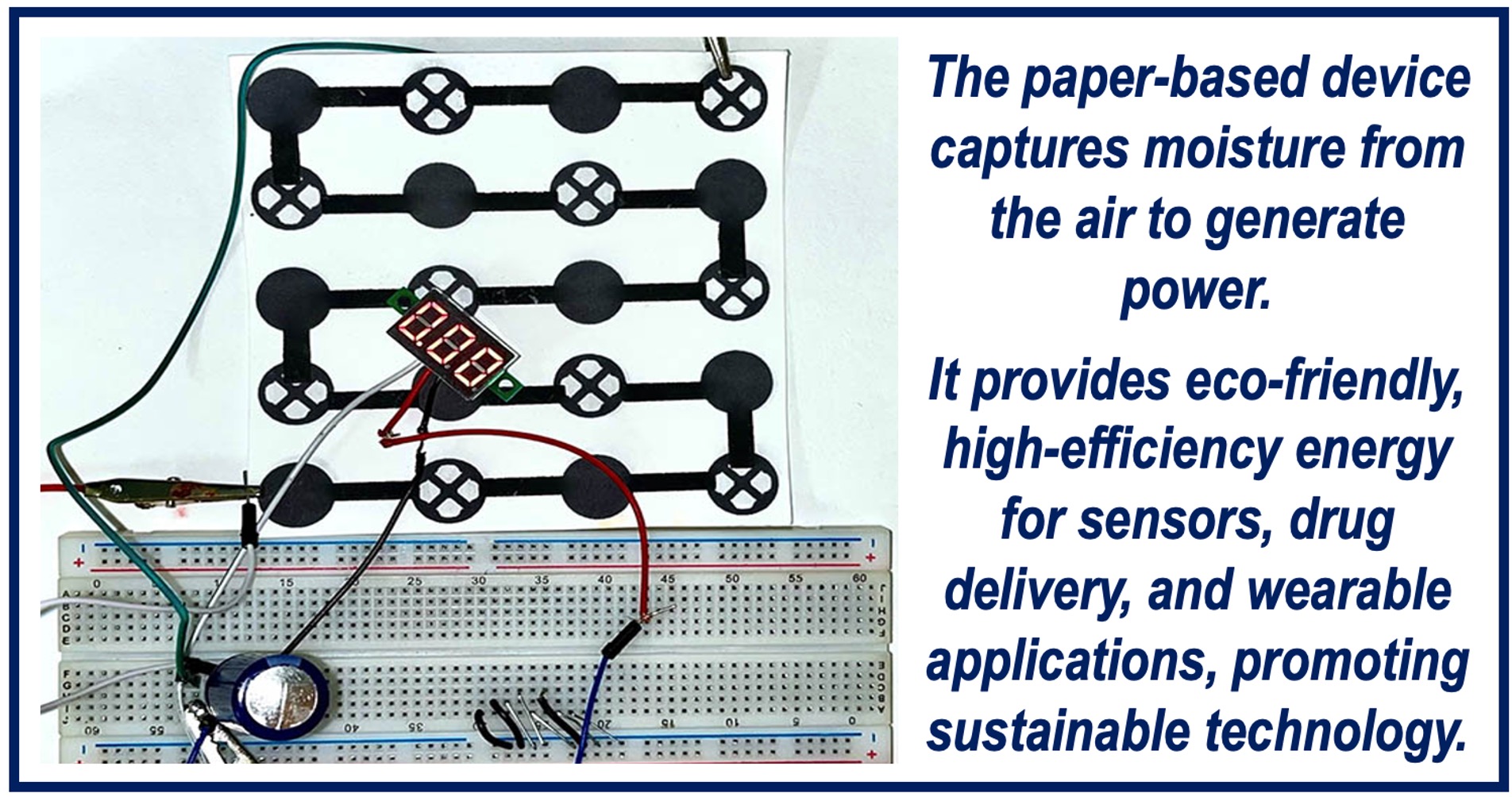 Image of the paper-based device that captures moisture from the air to generate power.