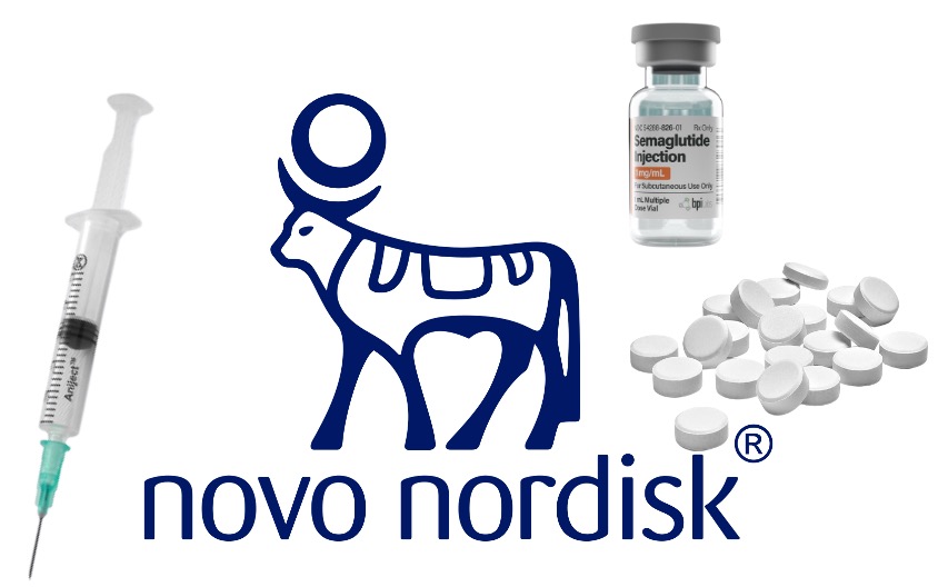 Novo Nordisk logo and medications.