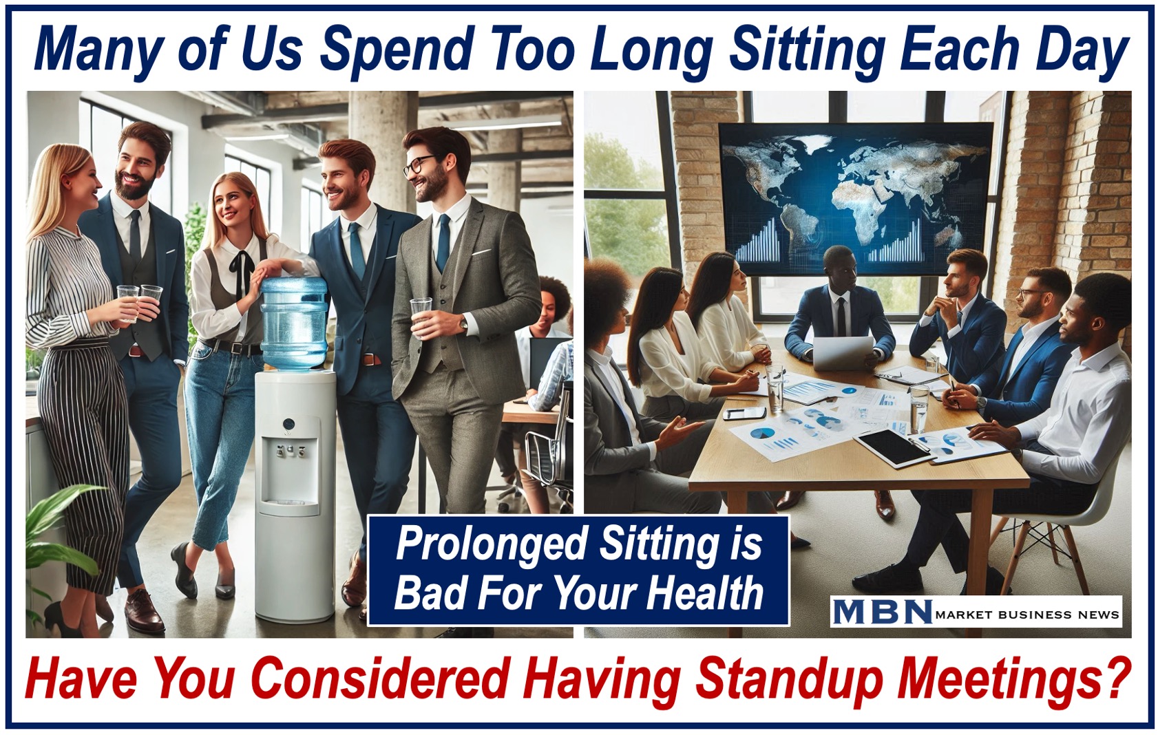 One image of a sit-down business meeting and another of a stand-up meeting.