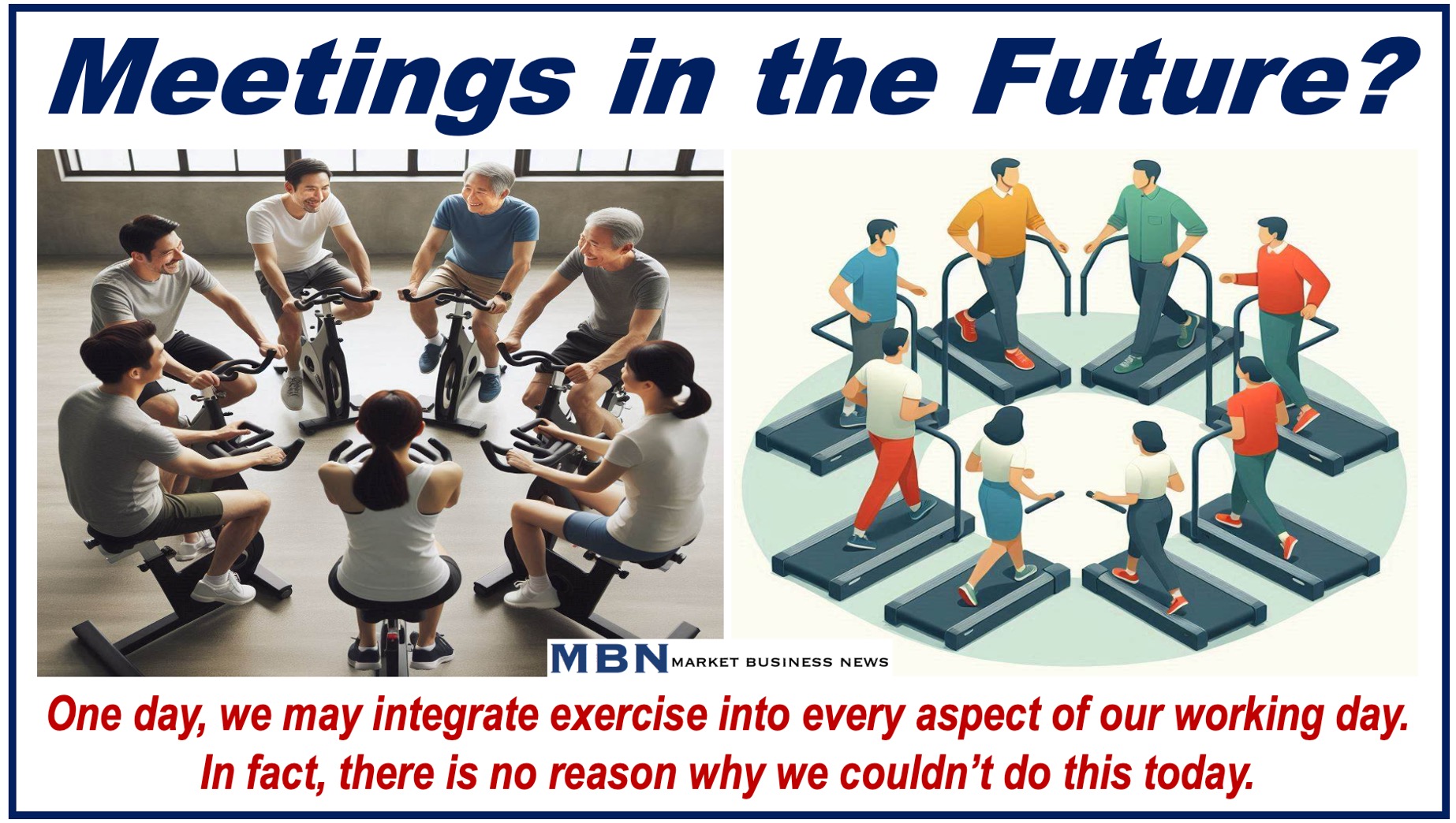 Two images of people having a physically active business meeting.