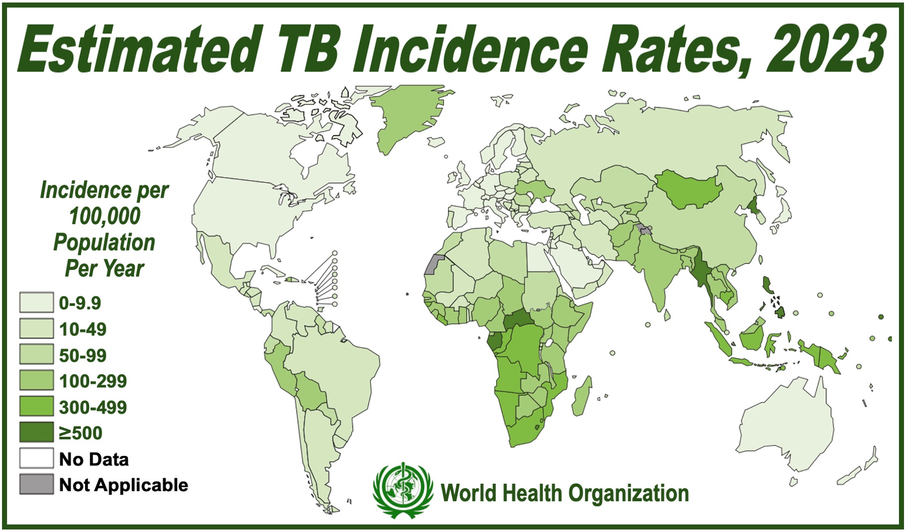 World Map showing Tuberculosis incidence rates in 2023