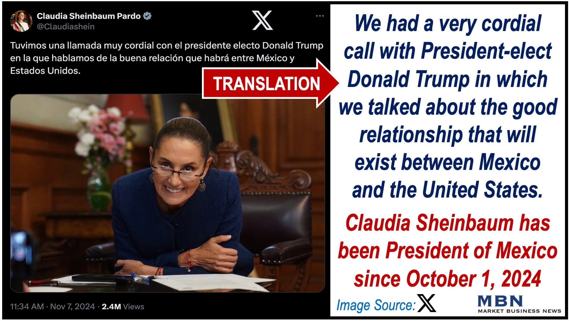 X message with photo of Claudia Sheinbaum, Mexico's President.