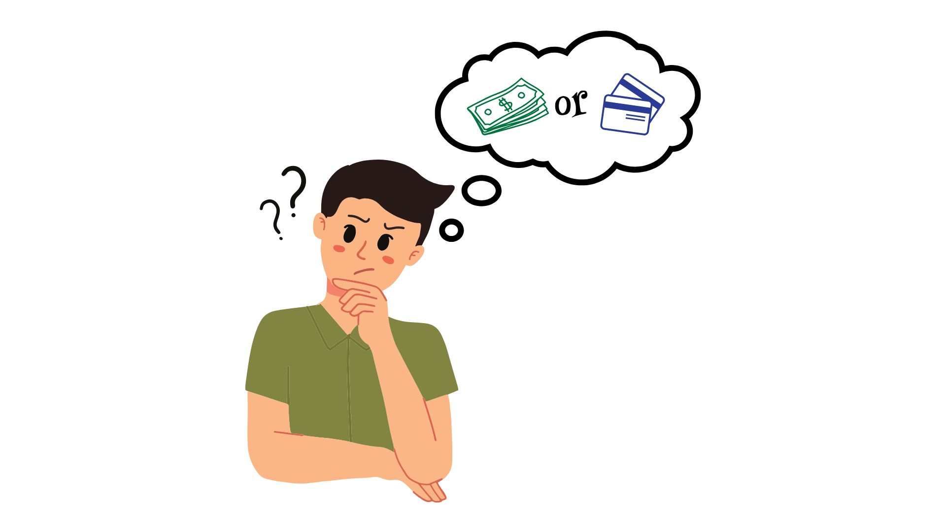 a person with a thought bubble above their head pondering whether to spend cash or use a credit card