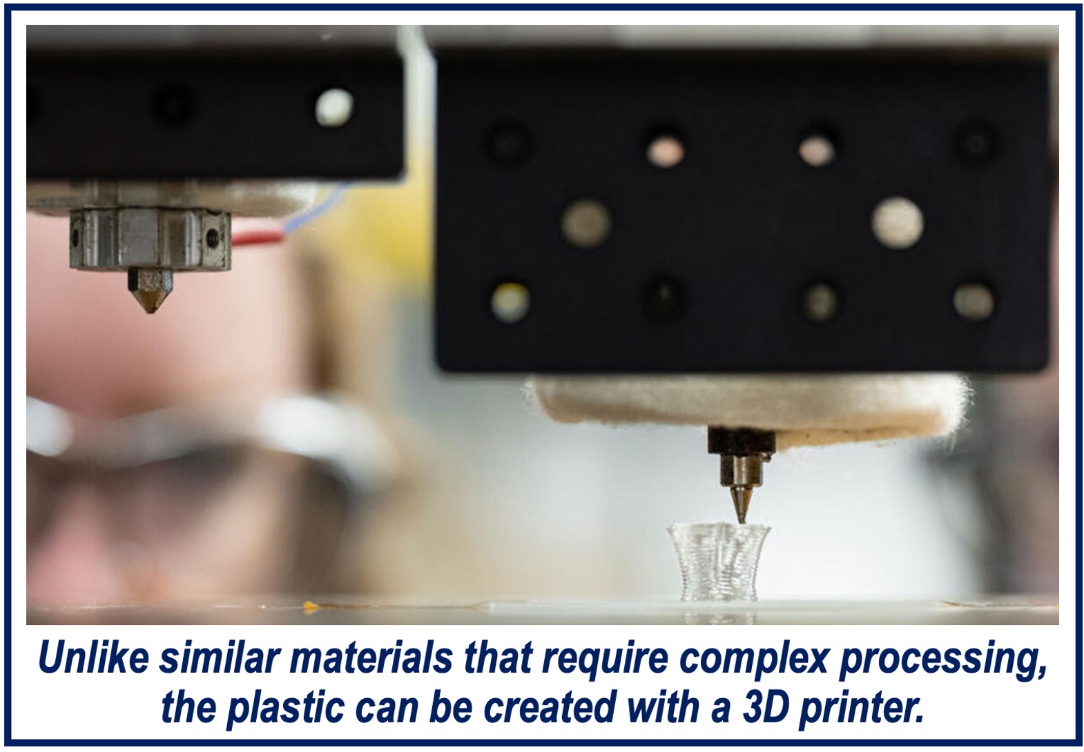 3D printer printing new plastic material.