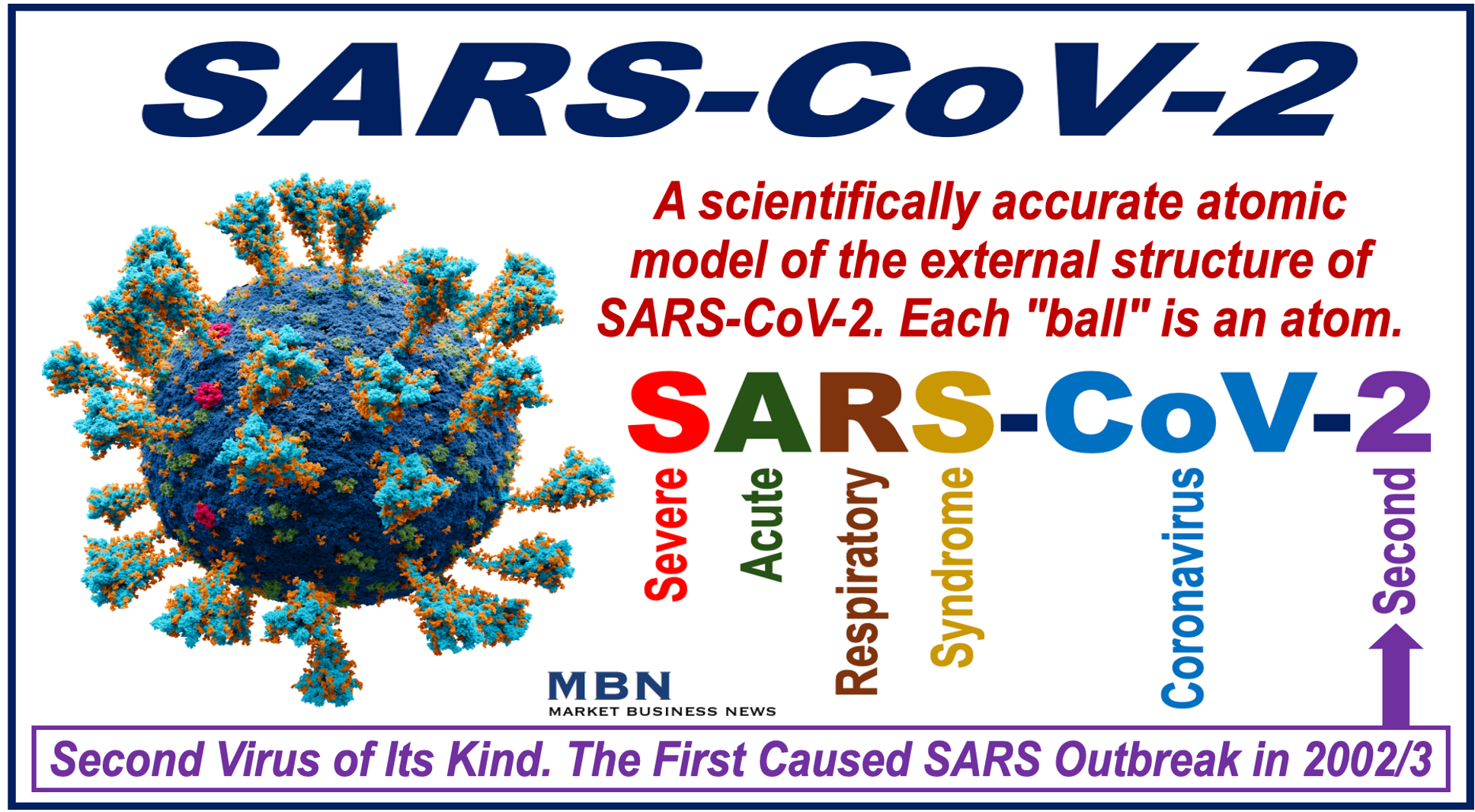 Image of and info about SARS-CoV-2, the virus that caused the COVID-19 Pandemic.