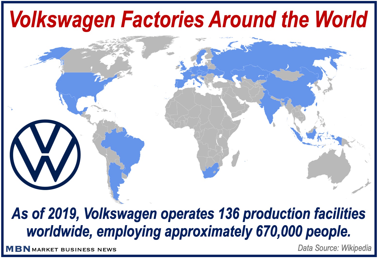 Map showing where Volkswagen has factories globally.