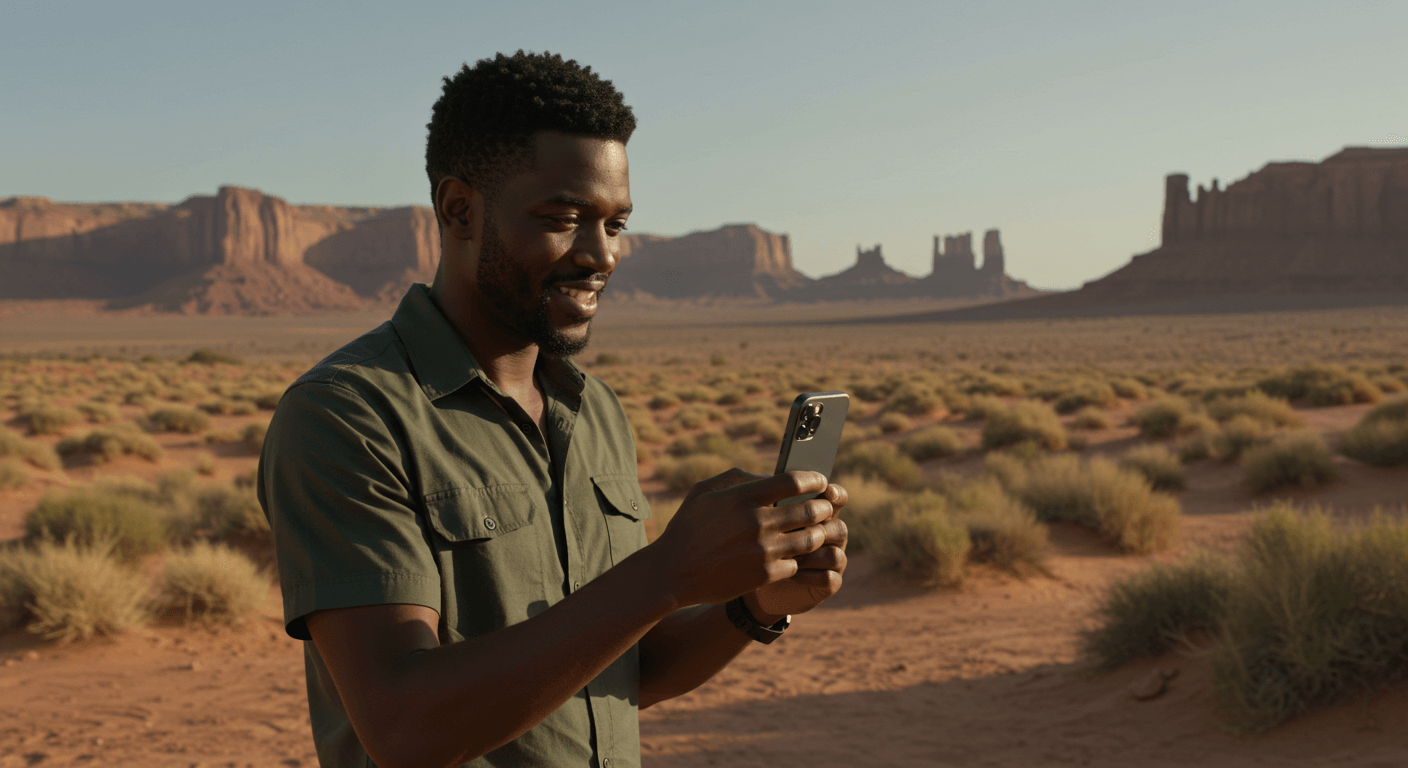 An image showing a person in a remote wilderness, a vast desert, holding a smartphone and looking at it with a satisfied expression