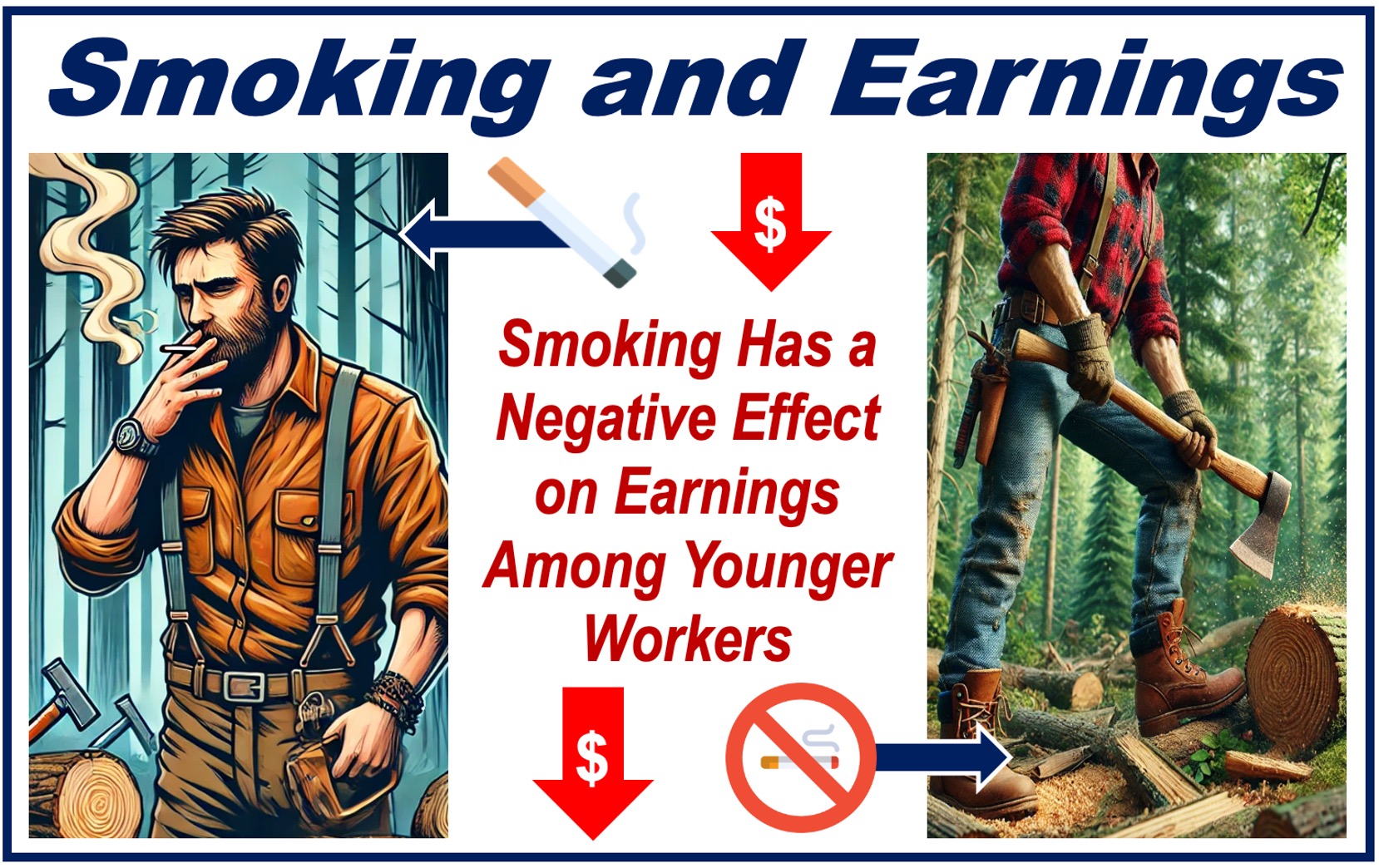 Illustration of a lumberjack smoking and another one not smoking.