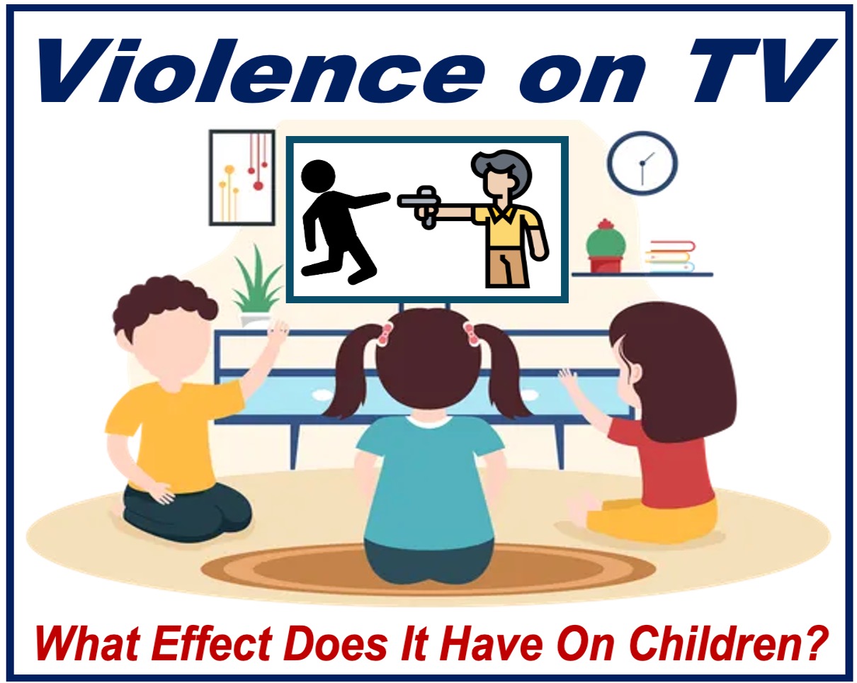 Image showing very young kids watching violence on TV and a sentence wondering what the effect might be.