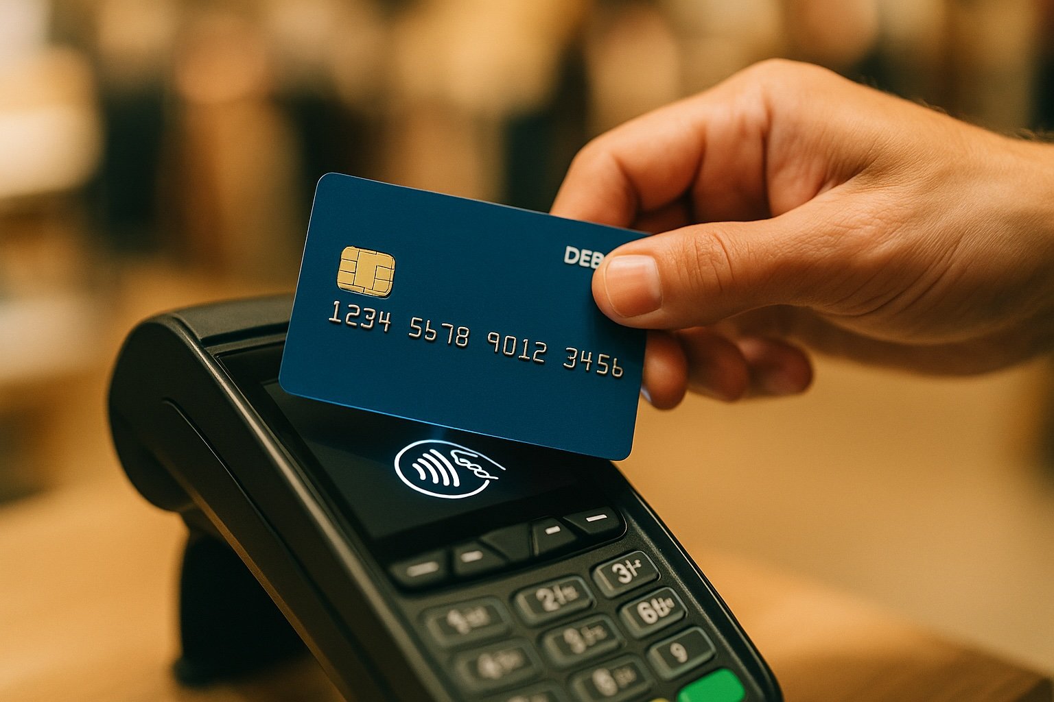 Customer makes a contactless debit-card payment at checkout.