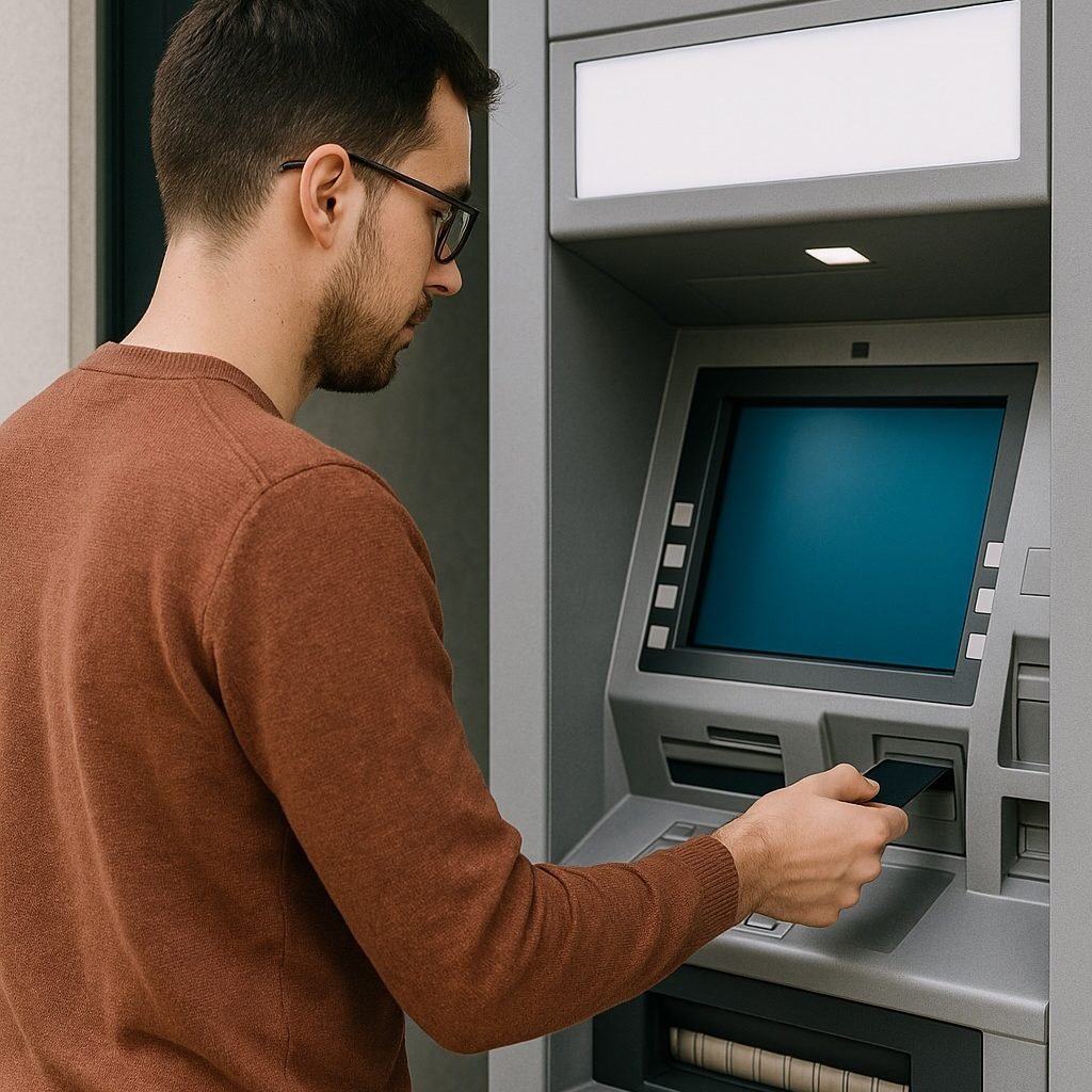 Person inserting a card at an ATM.