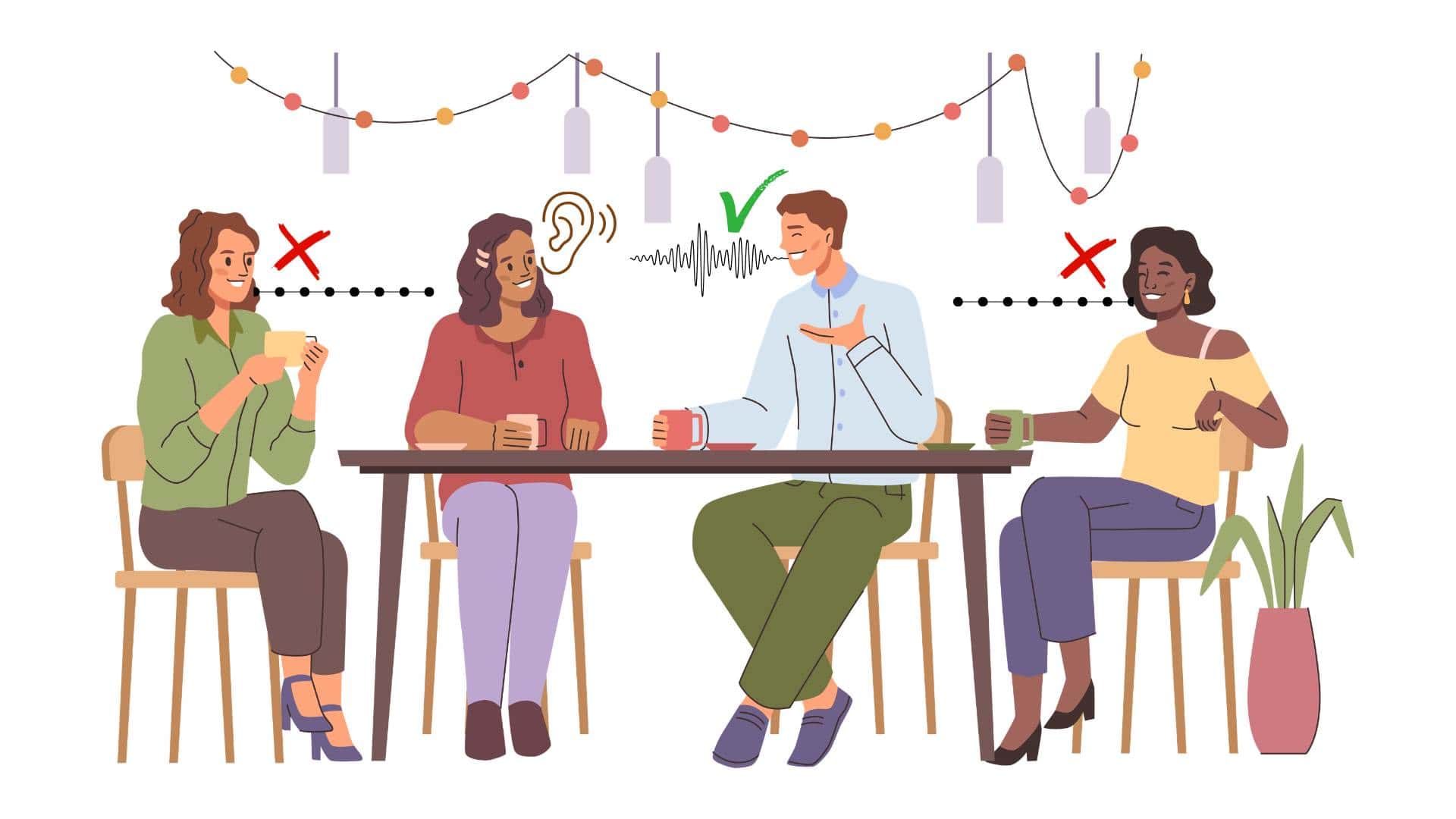 Illustration of several people talking at a table, with sound waves and an ear icon representing selective hearing in a noisy room.