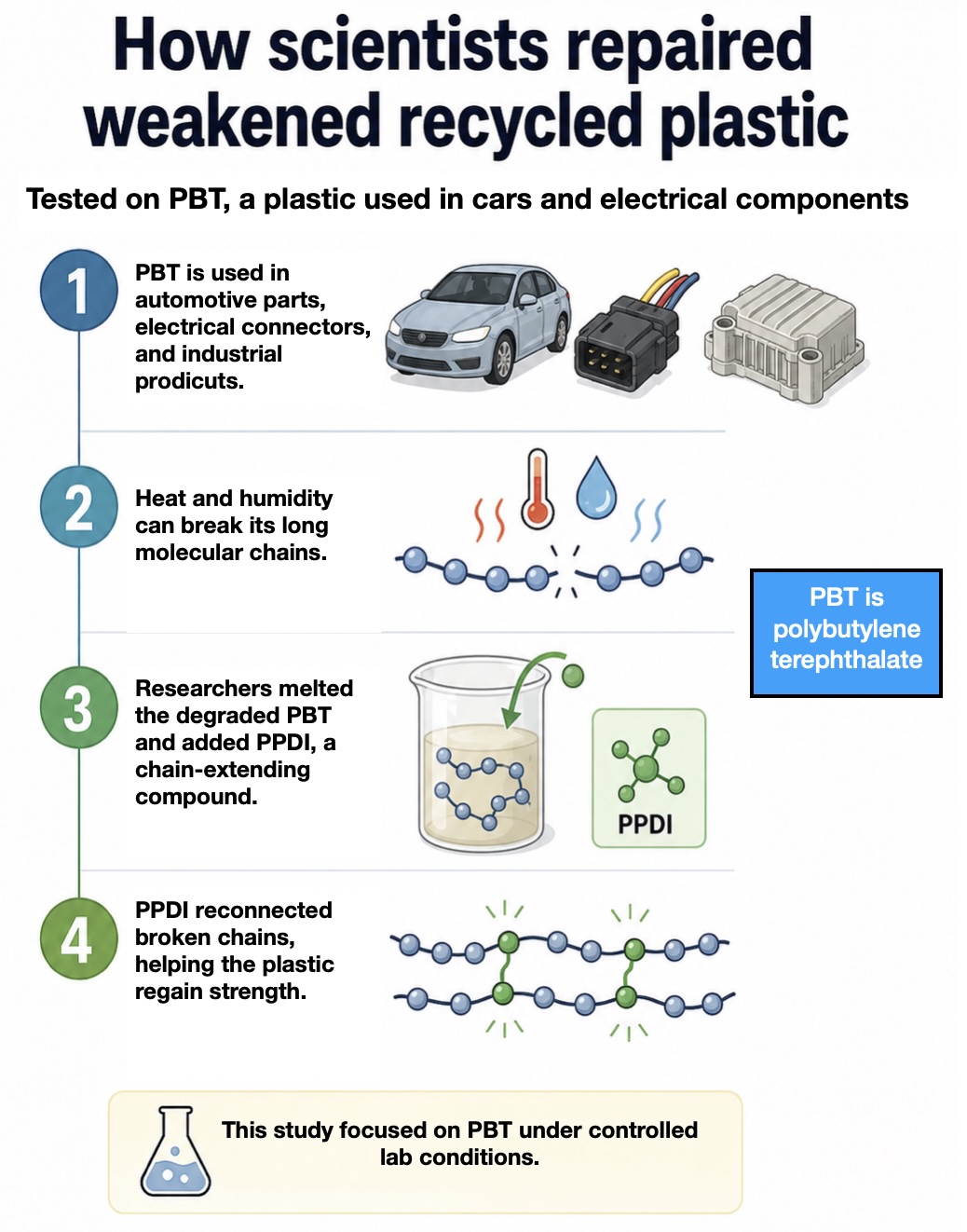 Infographic showing how scientists repaired weakened recycled plastic. It explains that PBT plastic, used in car parts and electrical components, becomes weaker when heat and humidity break its molecular chains. Researchers then melted the degraded PBT, added the chain-extending compound PPDI, and reconnected the broken chains so the plastic regained strength. A note says the study focused on PBT under controlled laboratory conditions.