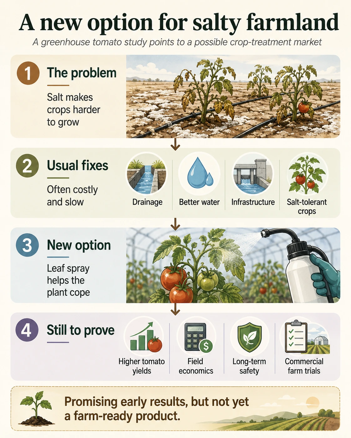 Vertical infographic showing salt-damaged tomato farmland, common remedies such as drainage and better irrigation water, a leaf-spray treatment as a possible additional option, and unanswered questions about yields, costs, safety, and commercial farm trials.