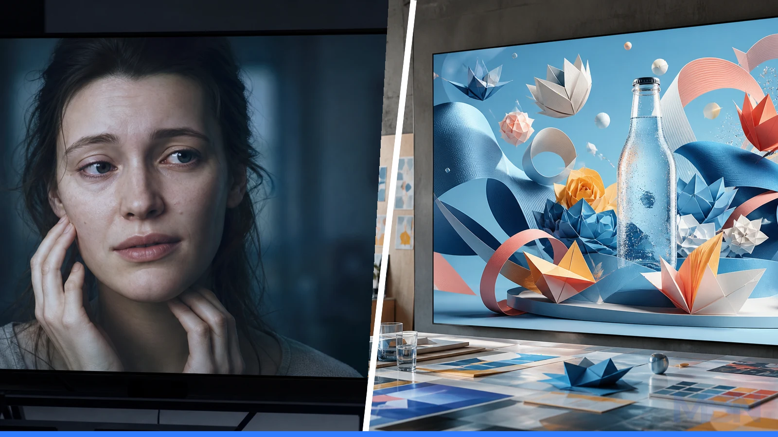 Synthetic editorial composite showing an uneasy fictional woman on a studio screen beside a colorful, intentionally surreal beverage advertisement.