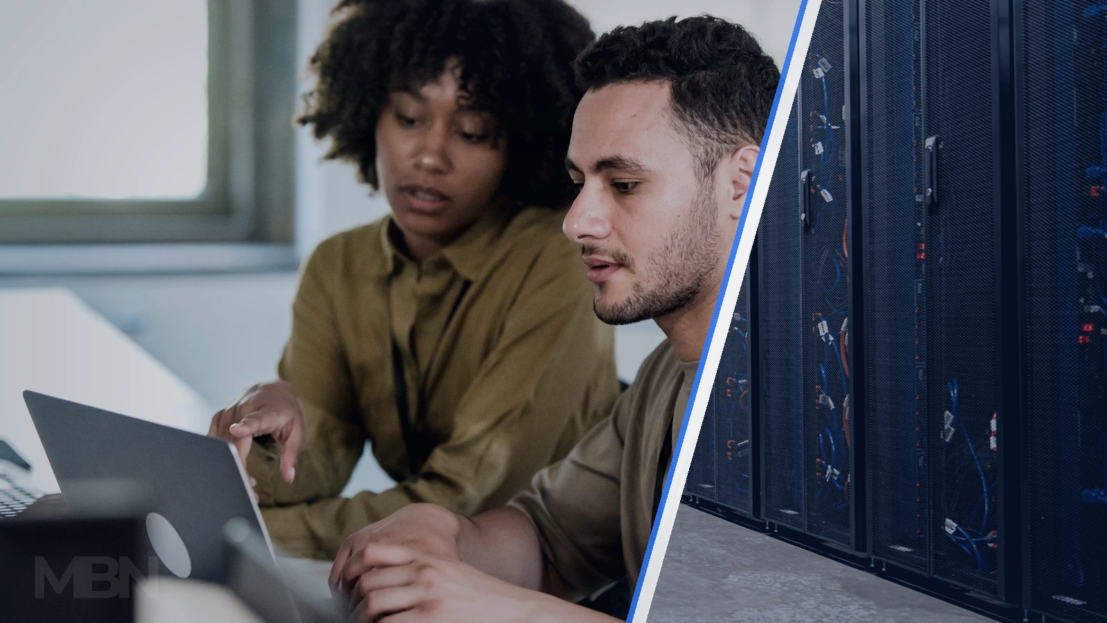 Editorial composite showing two colleagues working at a laptop beside a separate panel of server racks in a data centre.