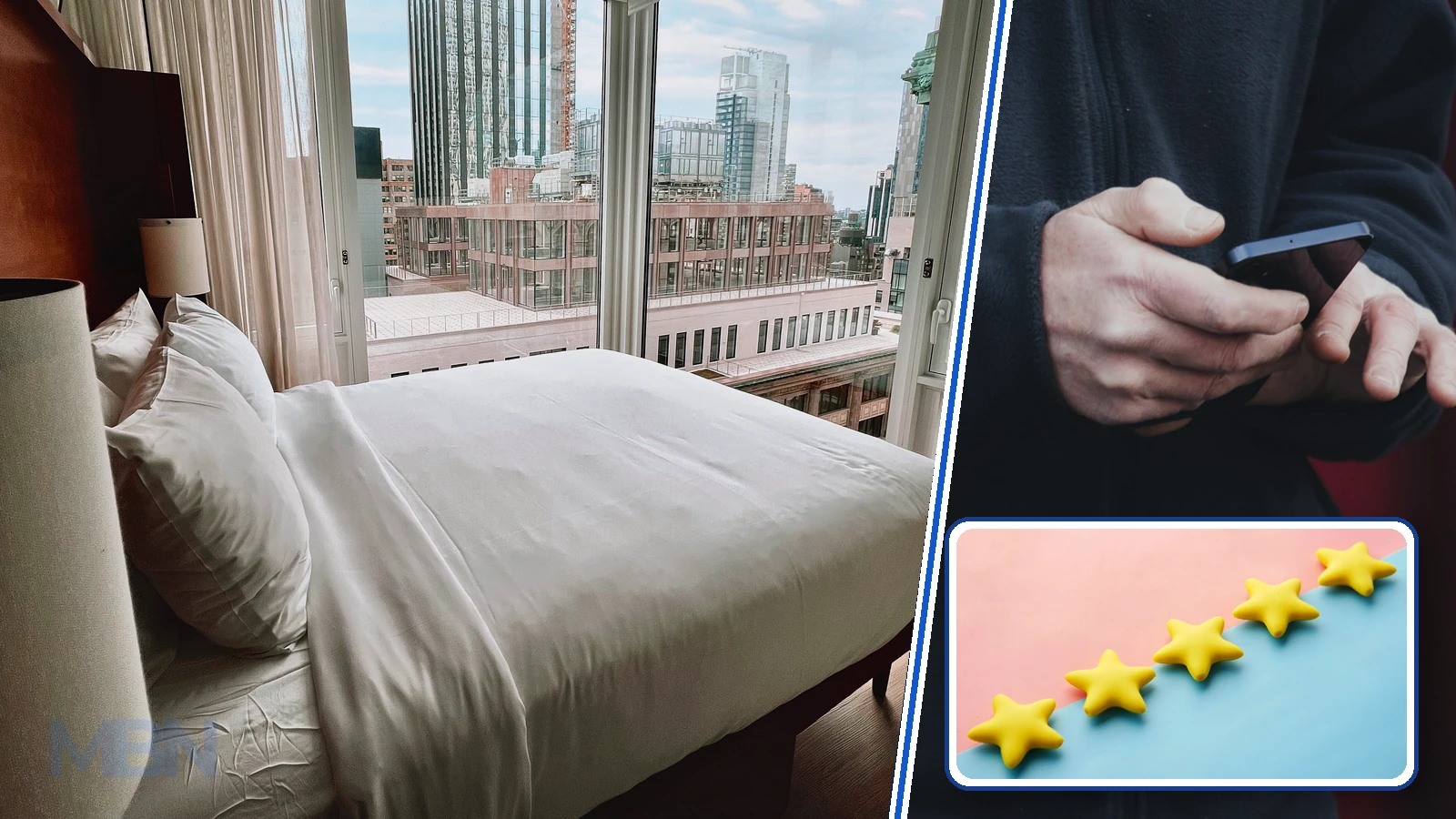 Editorial composite of a city hotel room, hands using a smartphone and five yellow review stars in a framed inset.
