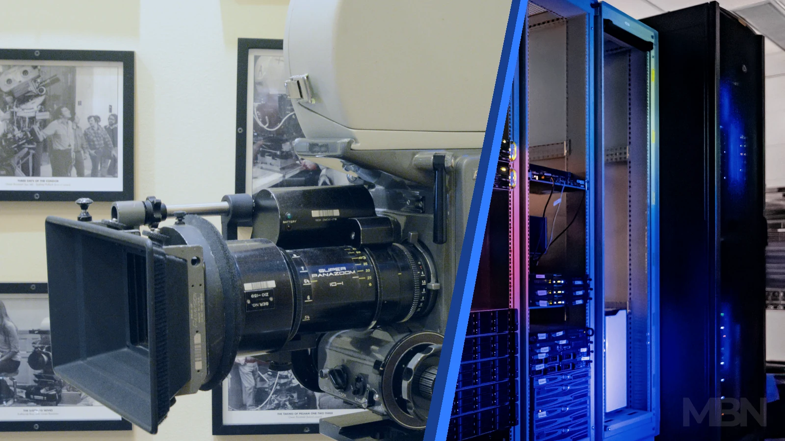 Editorial composite showing a Panavision movie camera beside illuminated computer server racks, separated by a blue diagonal divider.
