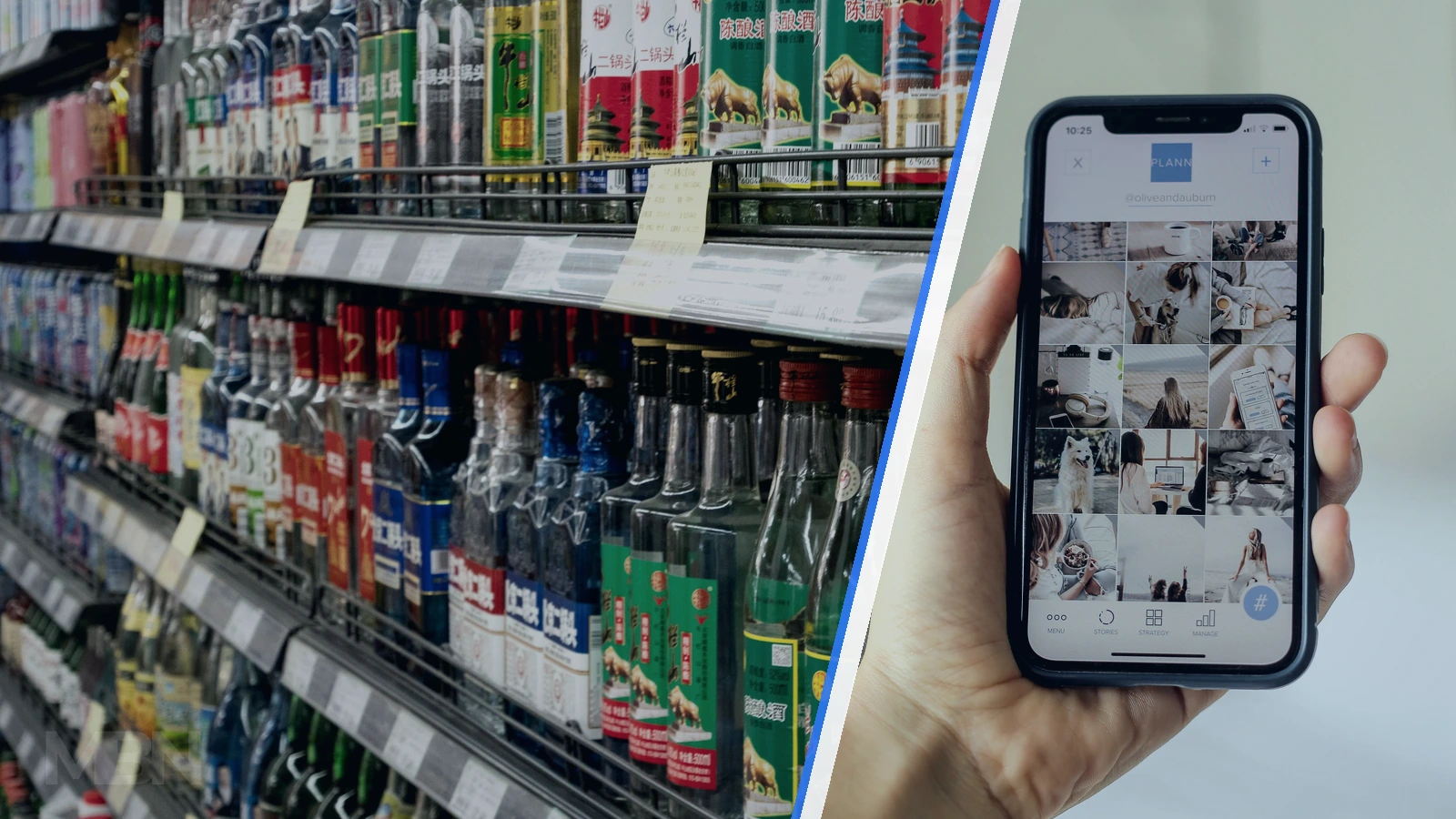 Editorial composite showing liquor bottles on retail shelves beside a hand holding a smartphone with a social media interface.