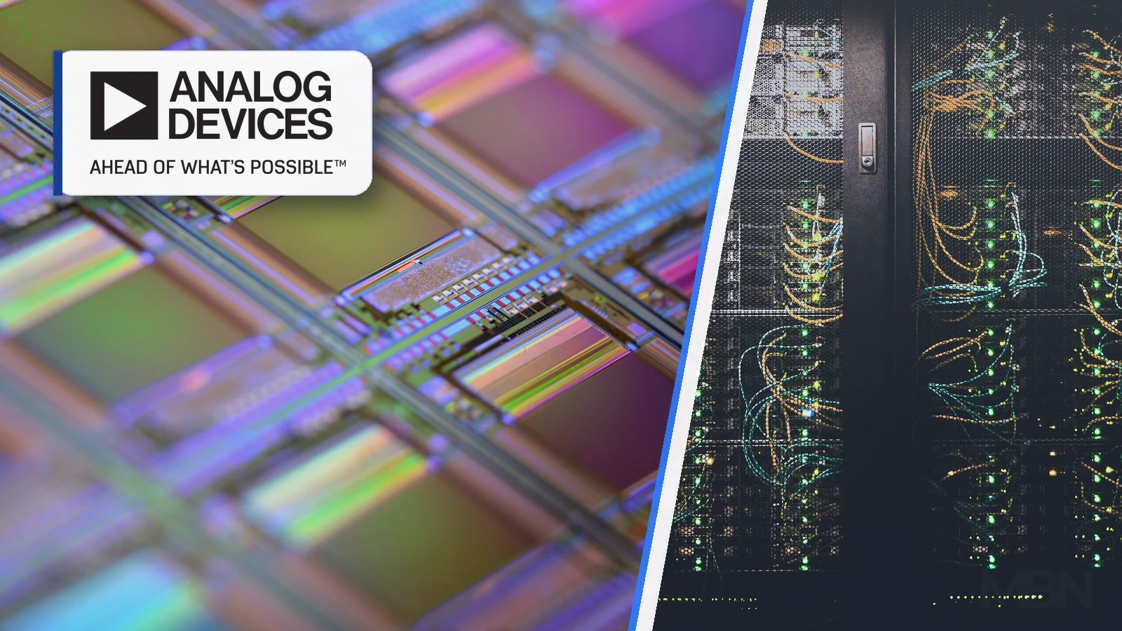 Editorial composite of a colourful silicon wafer beside illuminated server racks, with the Analog Devices logo on a white identification card.