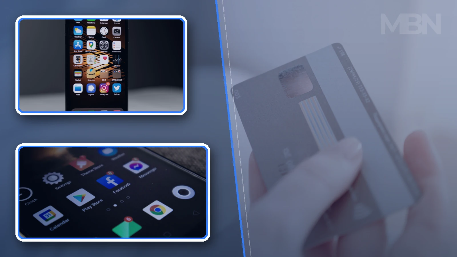 Editorial composite showing a shopper holding a payment card beside framed iPhone and Android app screens with App Store and Play Store icons.