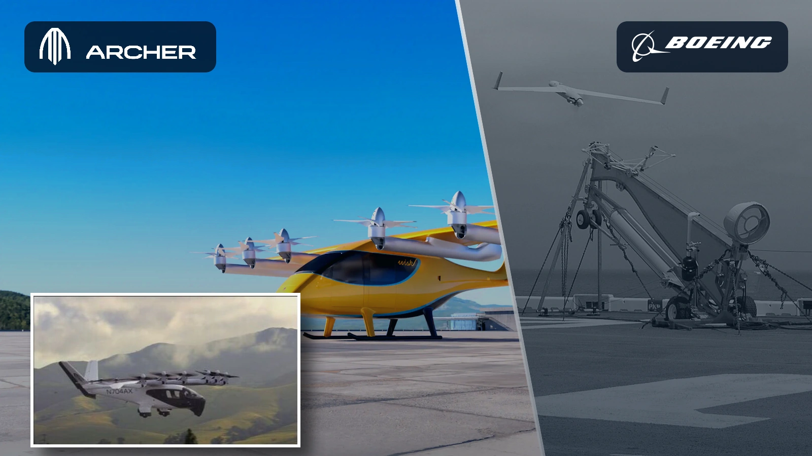 Archer Aviation and Boeing logos above images of Wisk’s Gen 6 air taxi, Archer’s Midnight aircraft and an Insitu ScanEagle drone.