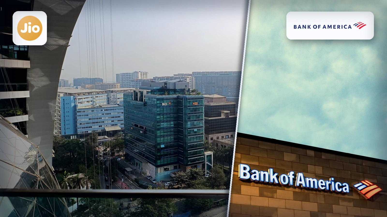 Editorial composite showing Mumbai’s Bandra Kurla Complex beside a Bank of America branch, with Jio Financial Services and Bank of America logos