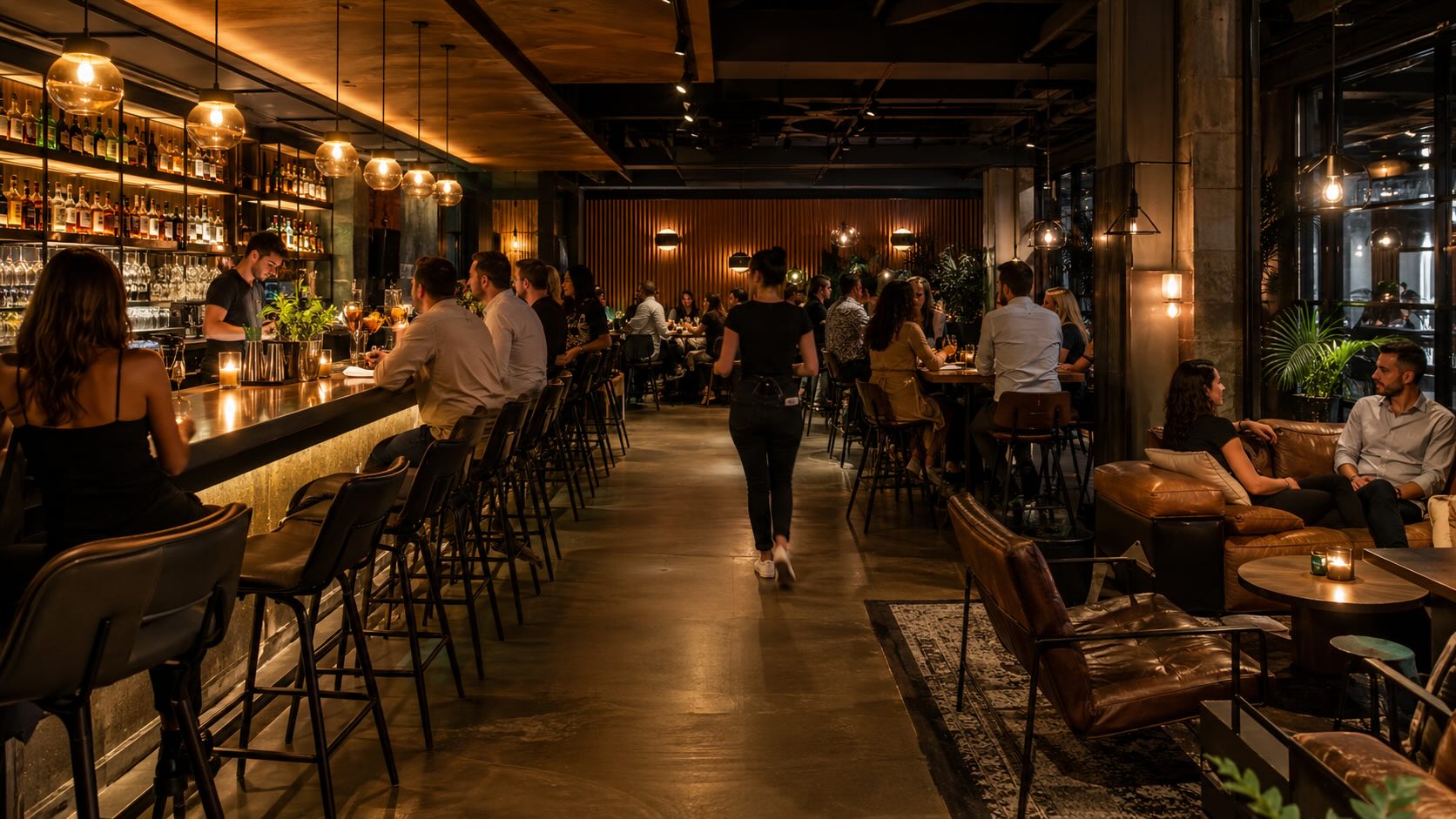 Well-designed bar interior with mixed seating and clear pathways for guests and staff