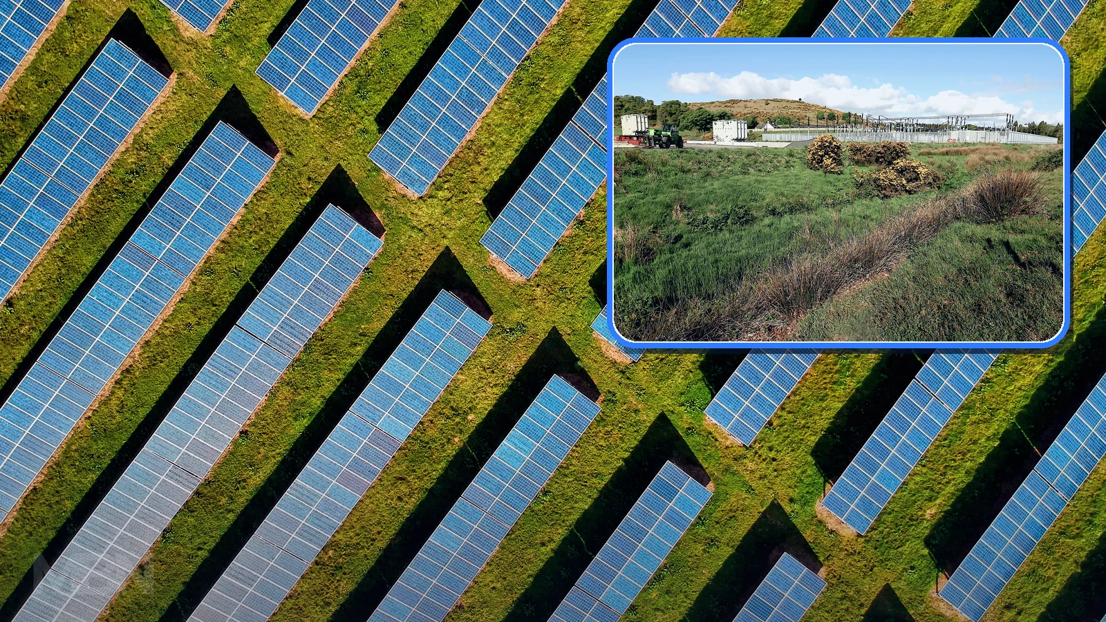 Editorial composite of solar panels across green fields with a framed inset showing a grid-scale battery storage facility.
