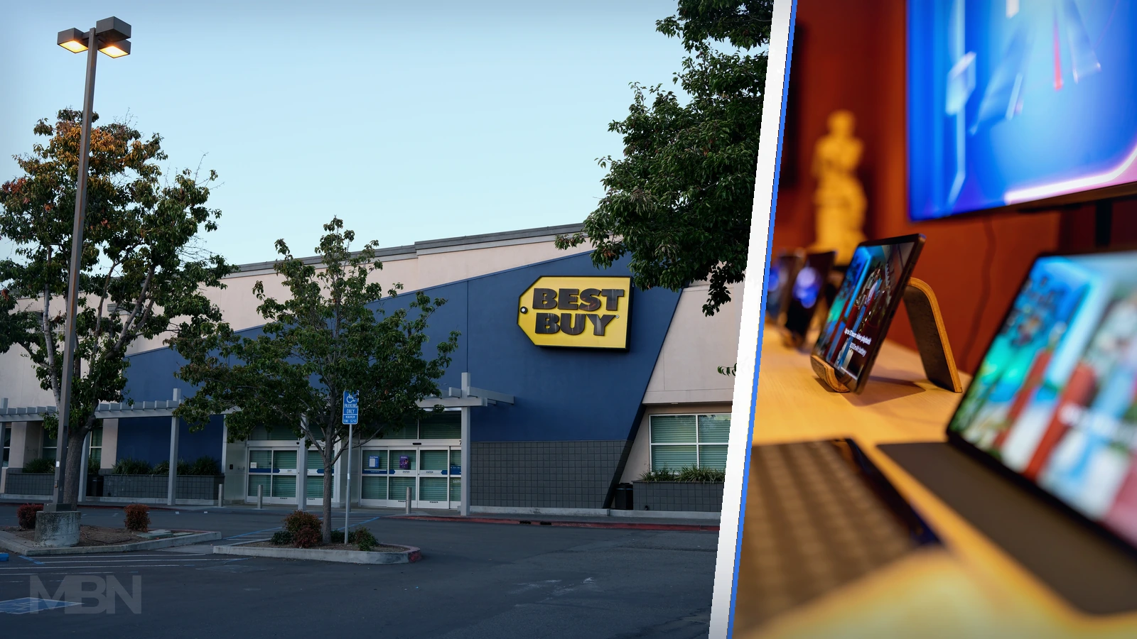 Editorial composite of a Best Buy storefront beside a separate electronics-store display of tablets and a television.