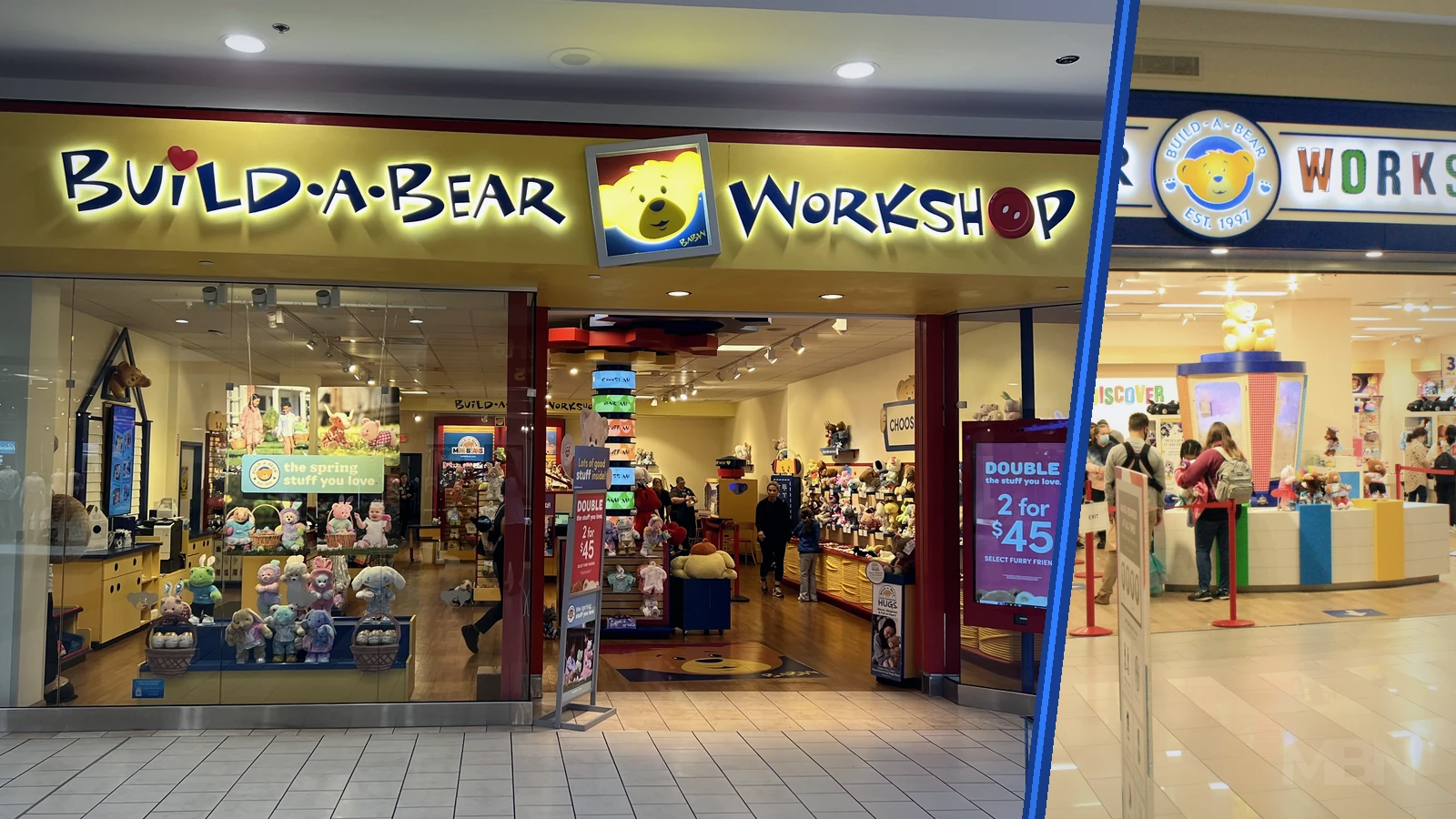 Editorial composite showing Build-A-Bear Workshop stores in California and Minnesota, separated by a blue diagonal divider.