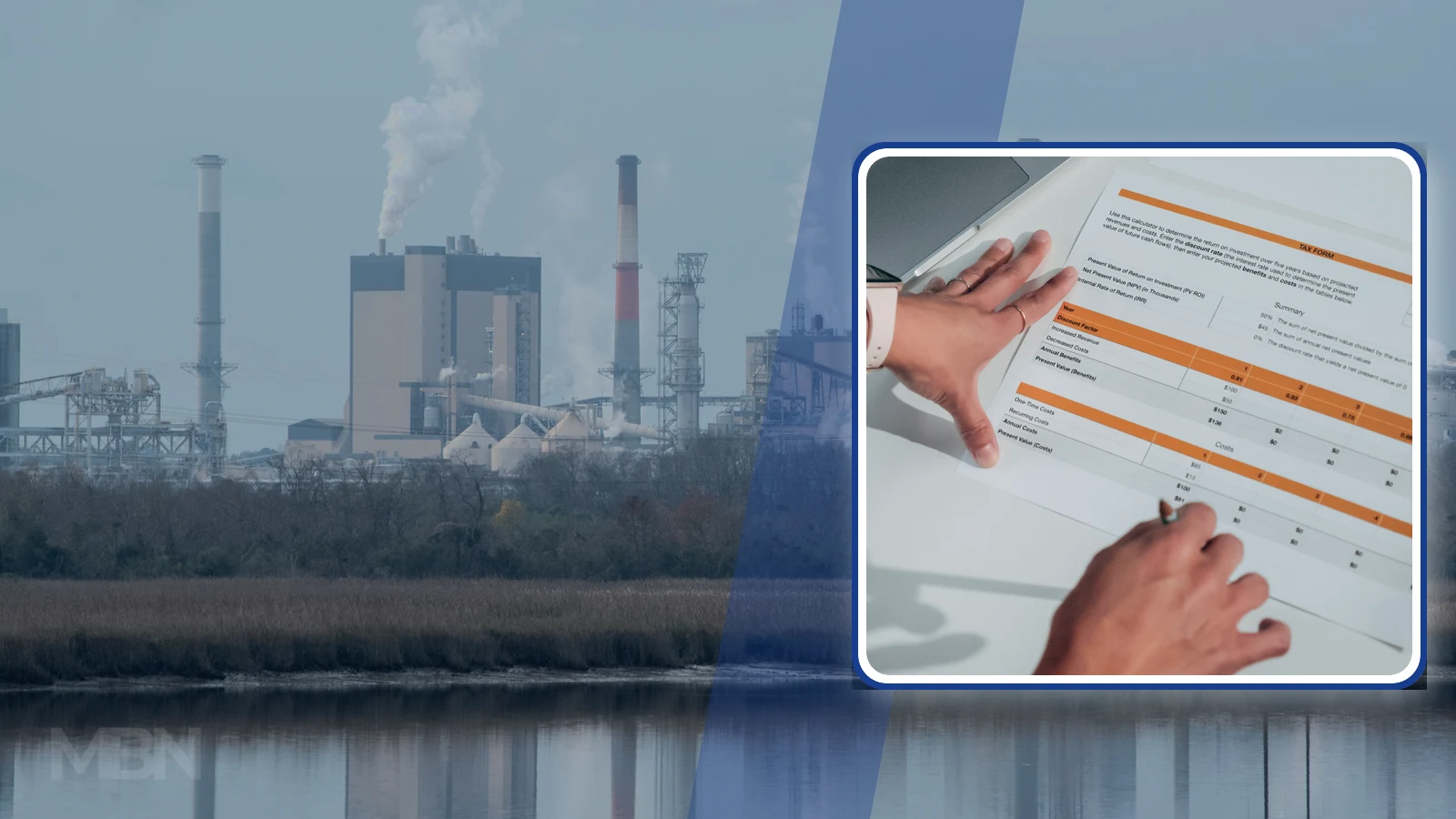 Editorial composite of a US industrial plant with smokestacks and a framed inset showing hands reviewing business documents.